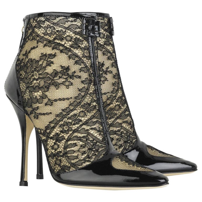New $1450 Roberto Cavalli Black Lace Patent Leather Ankle Boots It. 38 - US 8 For Sale at 1stDibs