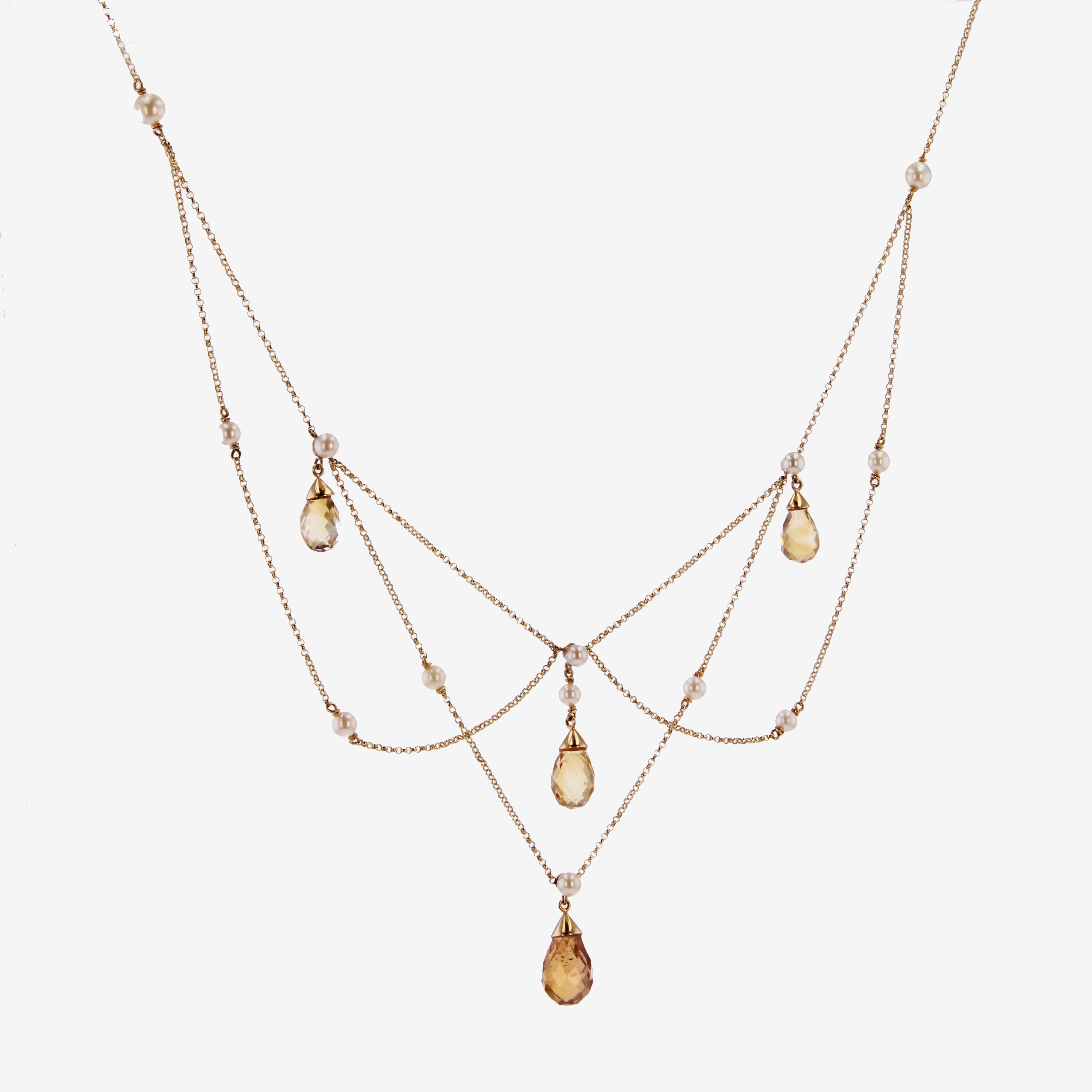 Romantic New 14.70 Carat Citrine Cultured Pearl 18 Karat Gold Drapery Chain Necklace