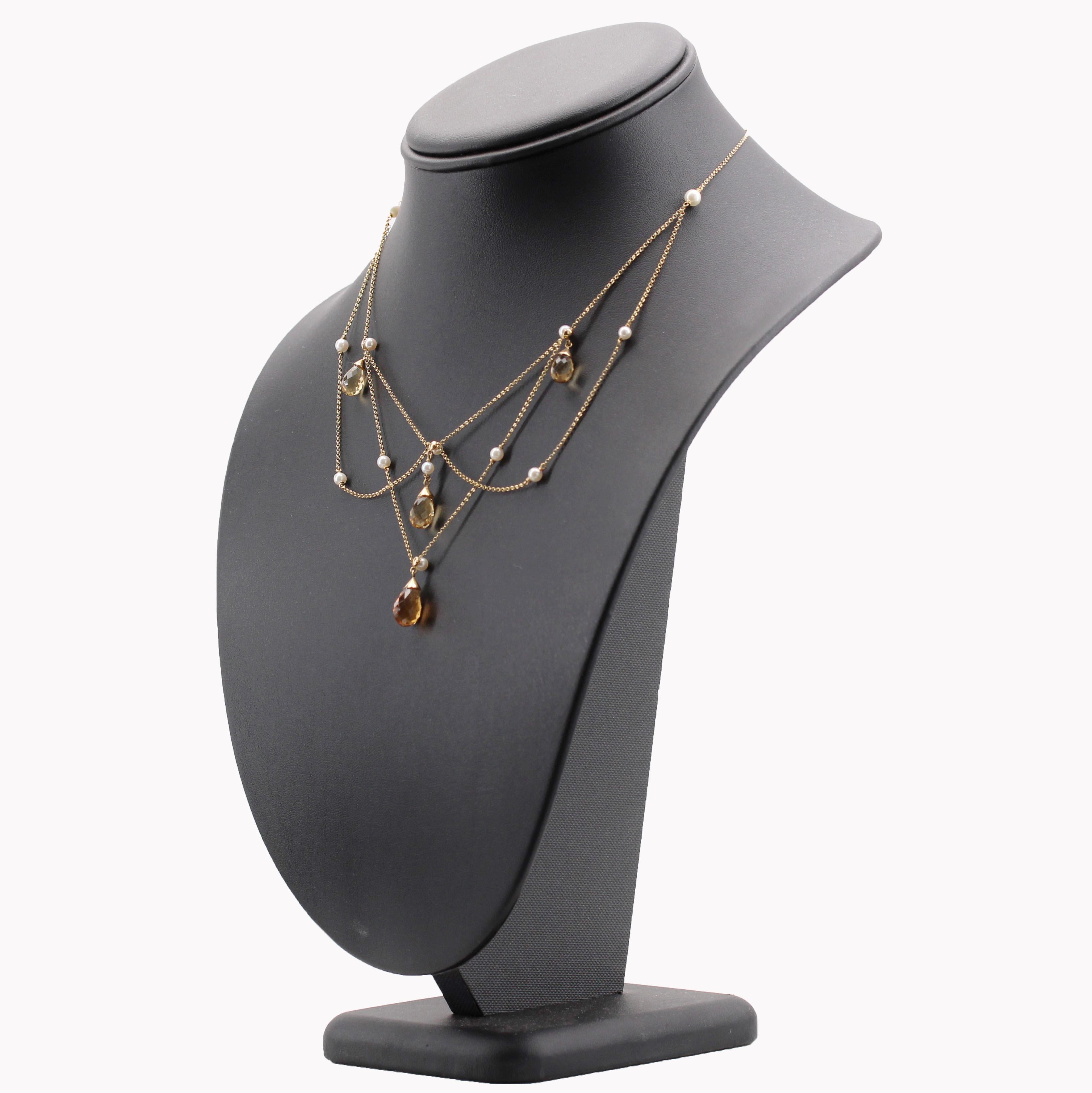 Women's New 14.70 Carat Citrine Cultured Pearl 18 Karat Gold Drapery Chain Necklace