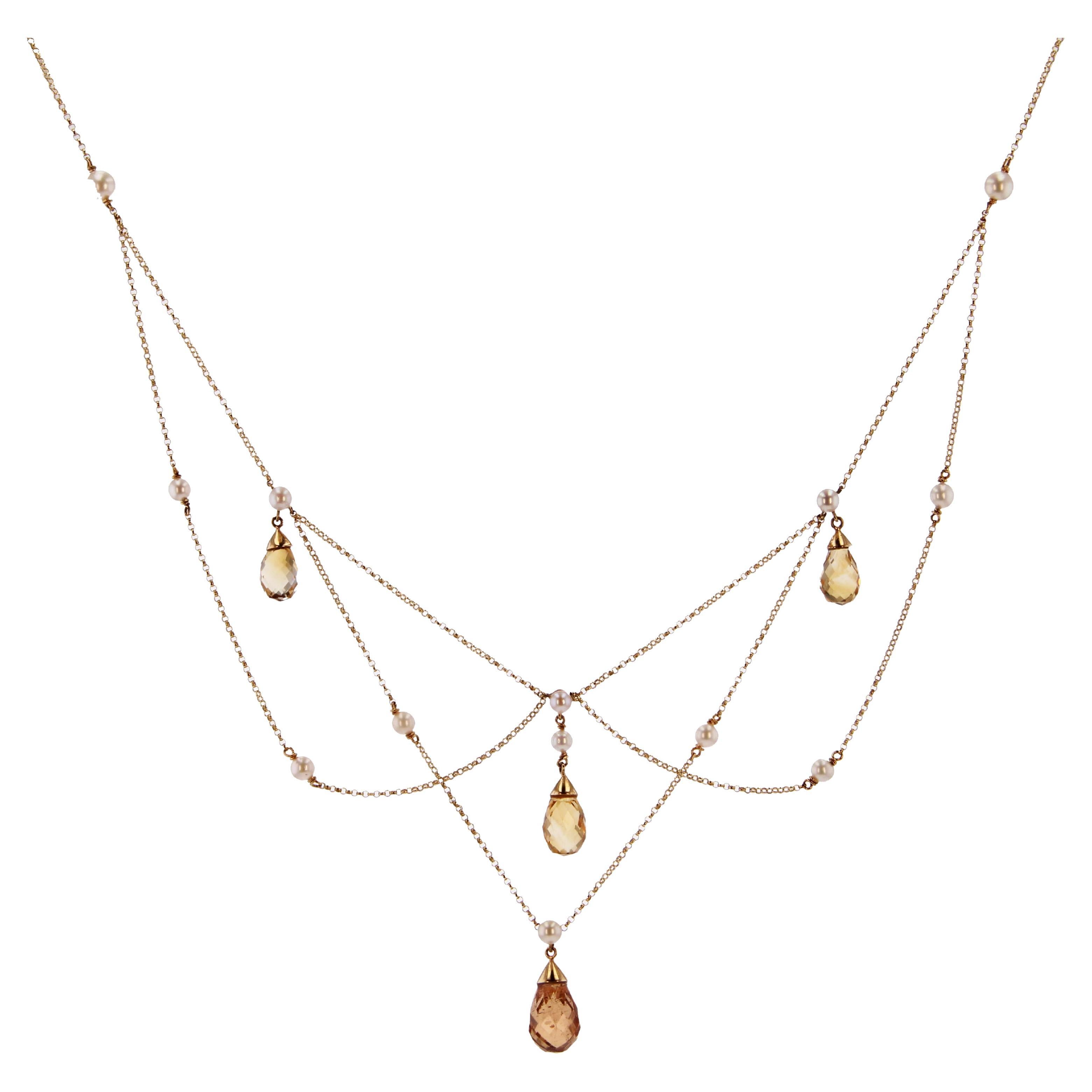 New 14.70 Carat Citrine Cultured Pearl 18 Karat Gold Drapery Chain Necklace