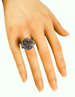 New 14.70 Carat Cornflower Blue Sapphire & Diamond Cut Tsavorite Sterling Ring
