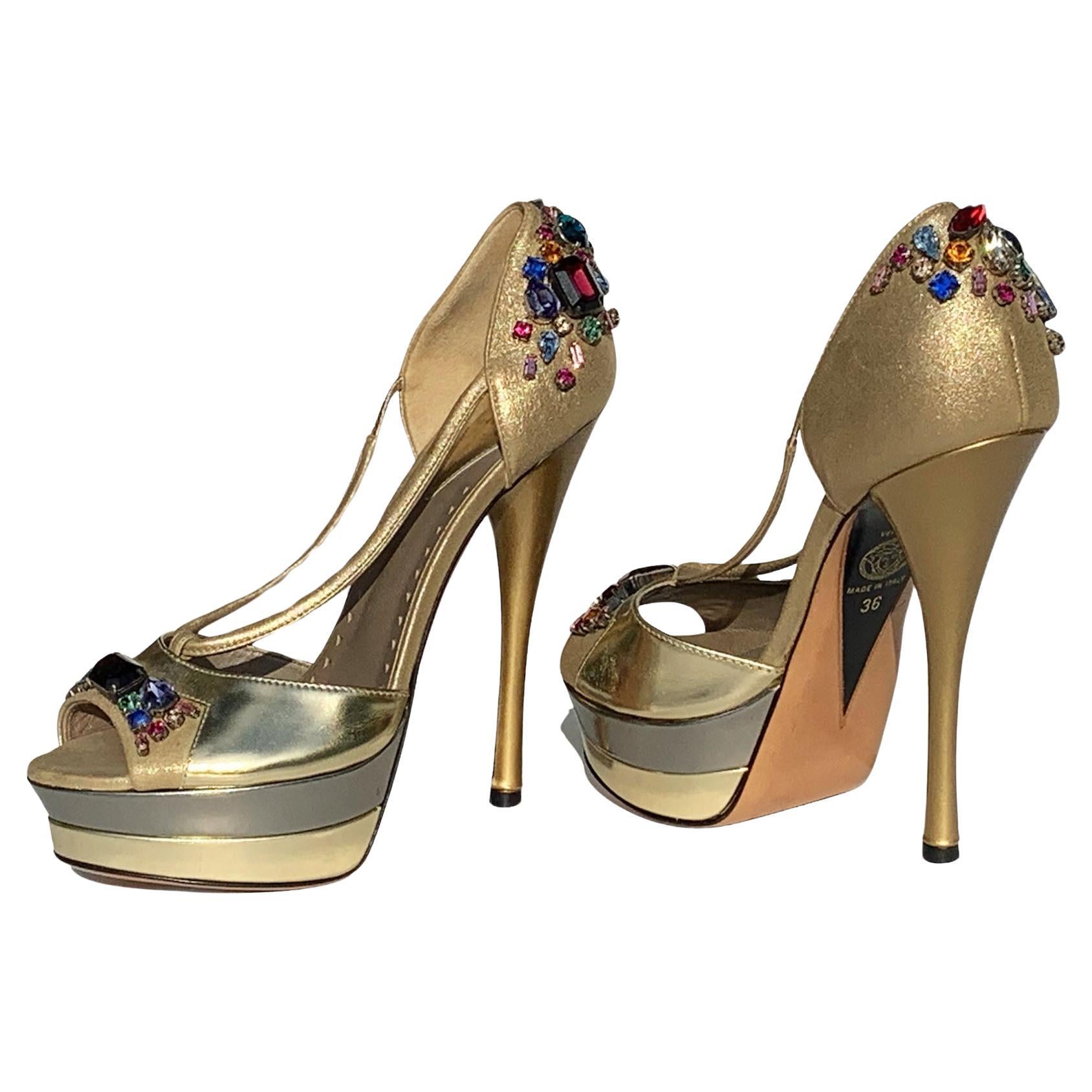 New $1495 Versace Leather Gold Embellished Platform Shoes Pumps It 36 - US 6 For Sale