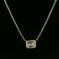 NEW 14k Gold 0.36ctw Bezel Emerald Cut Diamond Solitaire Pendant Necklace