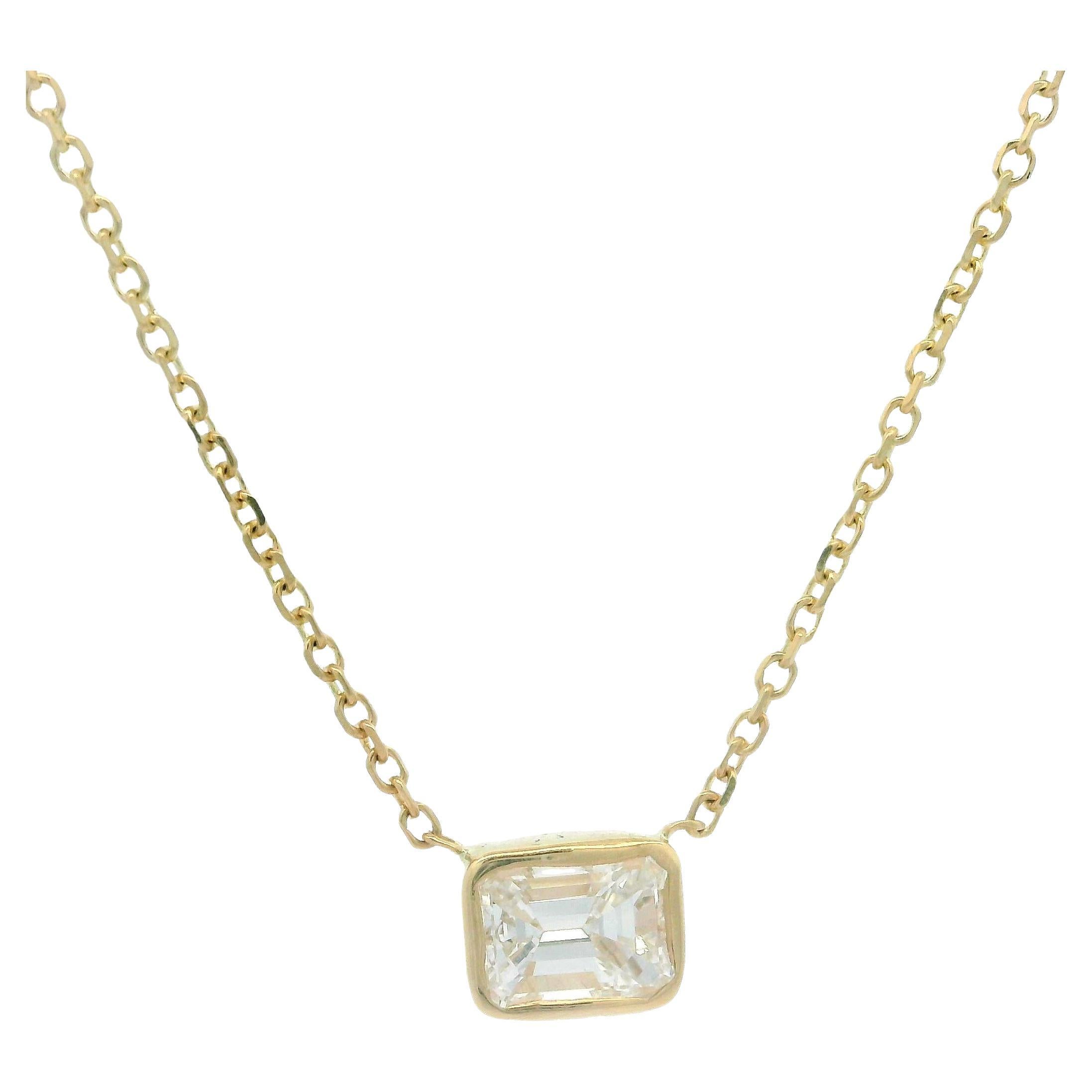 NEW 14k Gold 0.36ctw Bezel Emerald Cut Diamond Solitaire Pendant Necklace