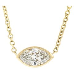 NEW 14K Gold 0.52ct Marquise Bezel Diamond Solitaire Eye Shape Pendant Necklace