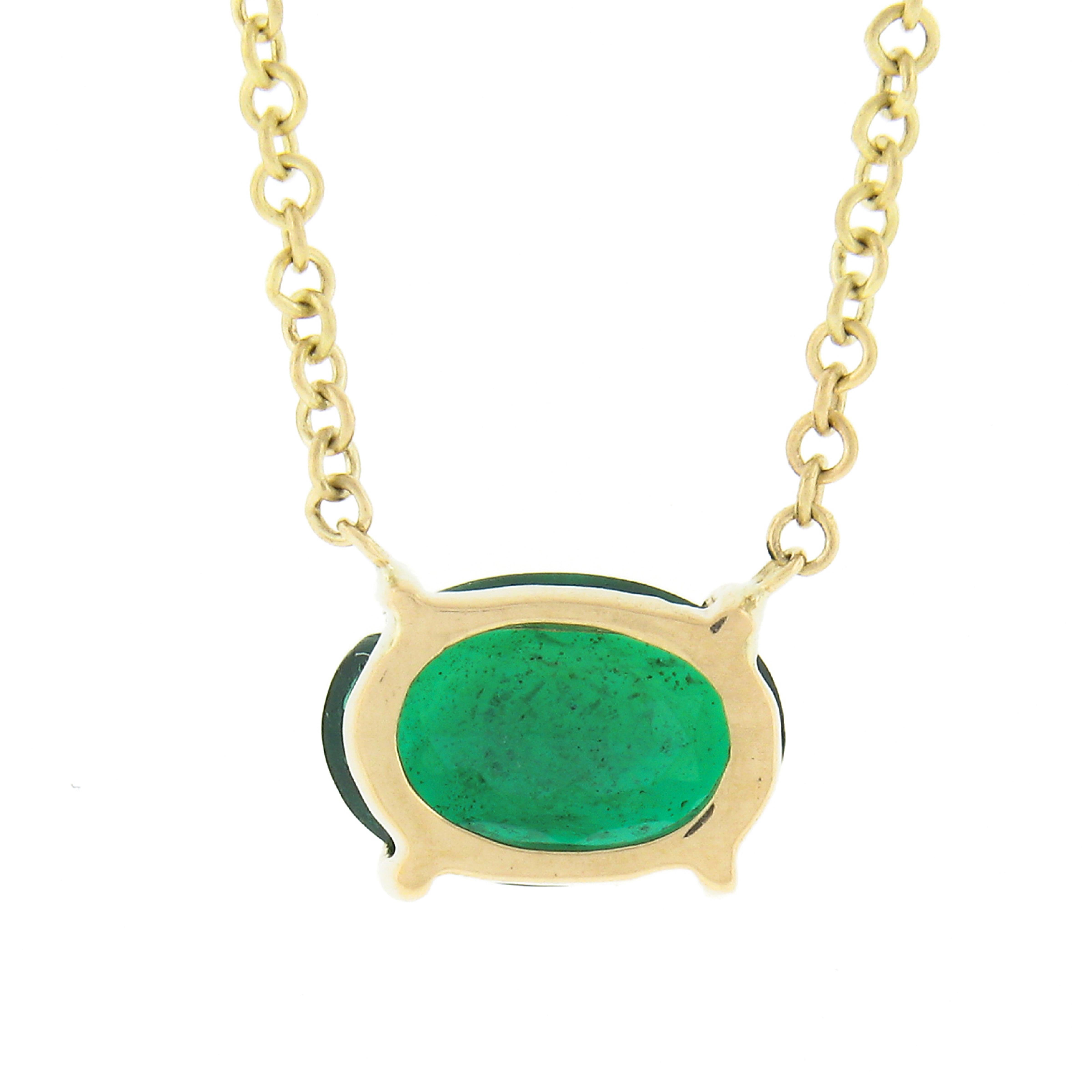 NEW 14K Gold 0.66ctw Oval Cut Sideways Emerald Petite Solitaire Pendant Necklace For Sale 1