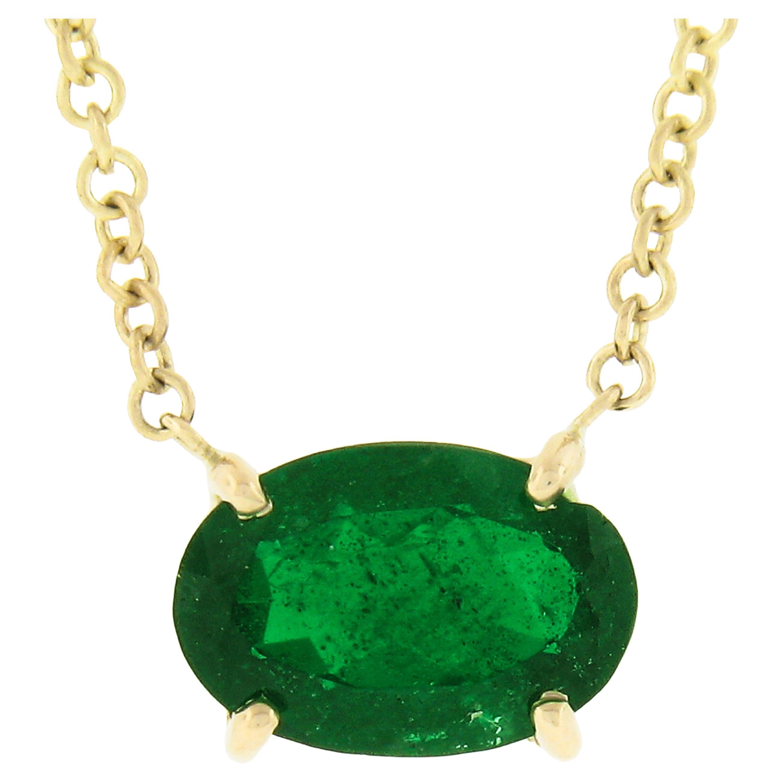 NEW 14K Gold 0.66ctw Oval Cut Sideways Emerald Petite Solitaire Pendant Necklace For Sale