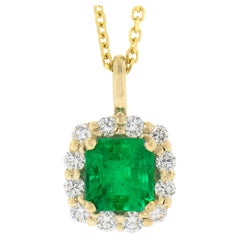 New 14k Gold 1.01ct Gia Colombian Emerald Diamond Halo Cushion Pendant Necklace