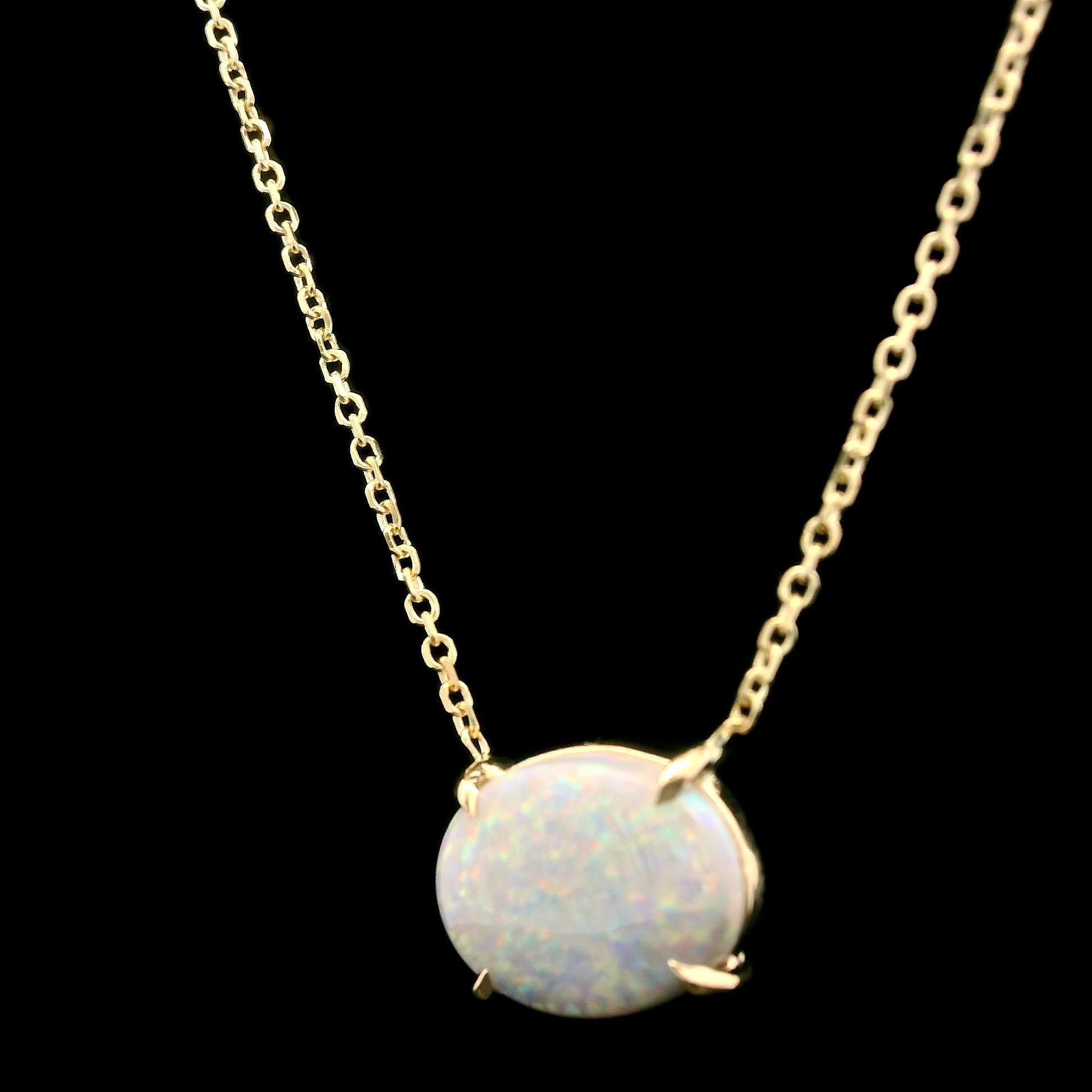 New 14k Gold 1.13ct Gray Opal Solitaire East West Pendant Adjustable Necklace In New Condition For Sale In Montclair, NJ