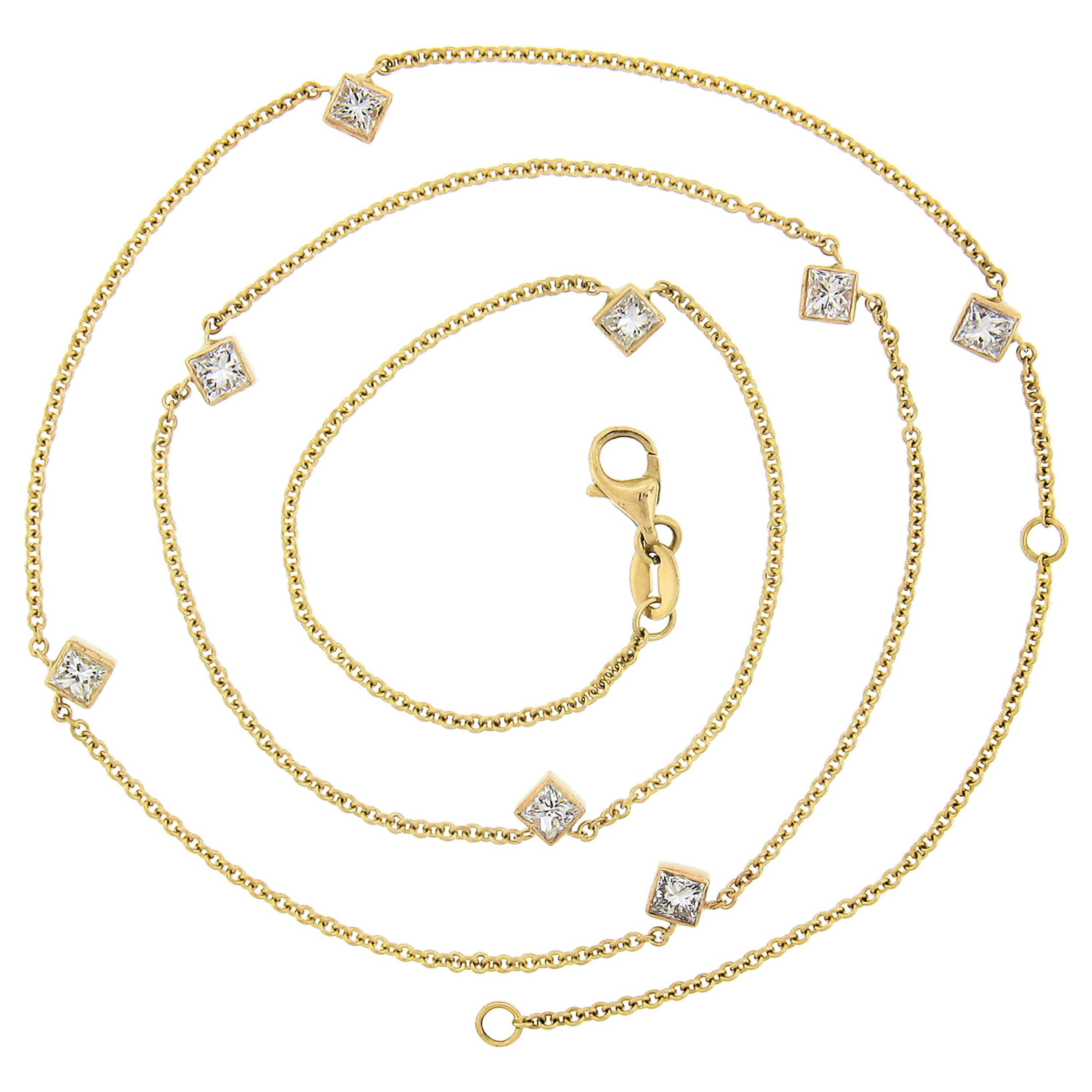 NEW 14K Gold 1.14ctw Bezel Station Princesse Diamond by the Yard Chain Necklace en vente