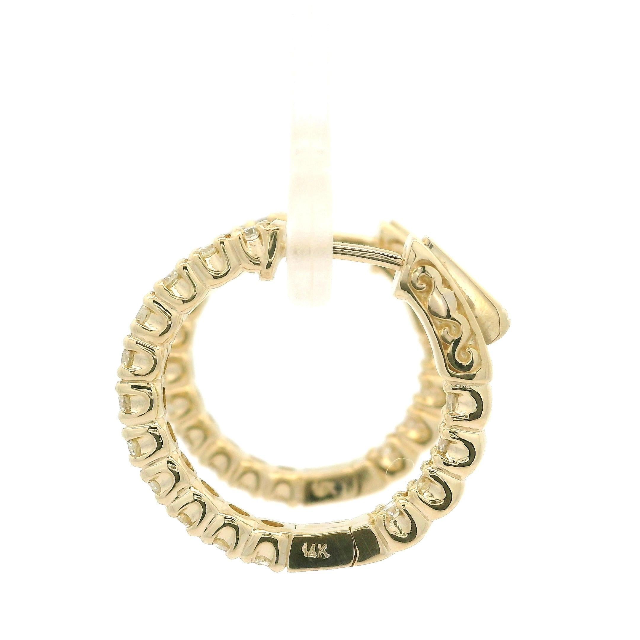 Brilliant Cut New 14k Gold 1.17ctw Diamond In Out Fancy Medium Hoop Earrings w/ Push Clasp For Sale