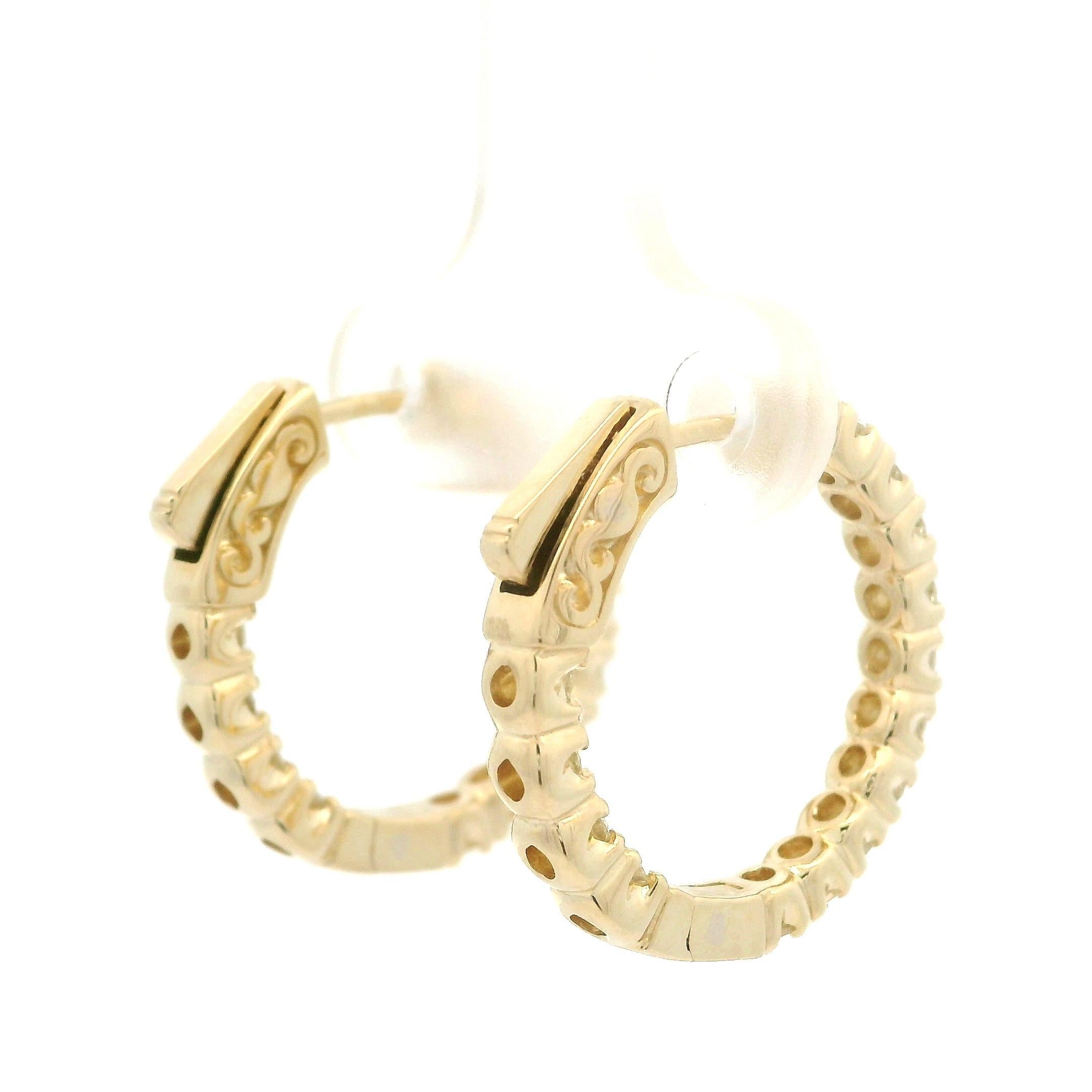 New 14k Gold 1.17ctw Diamond In Out Fancy Medium Hoop Earrings w/ Push Clasp For Sale 1