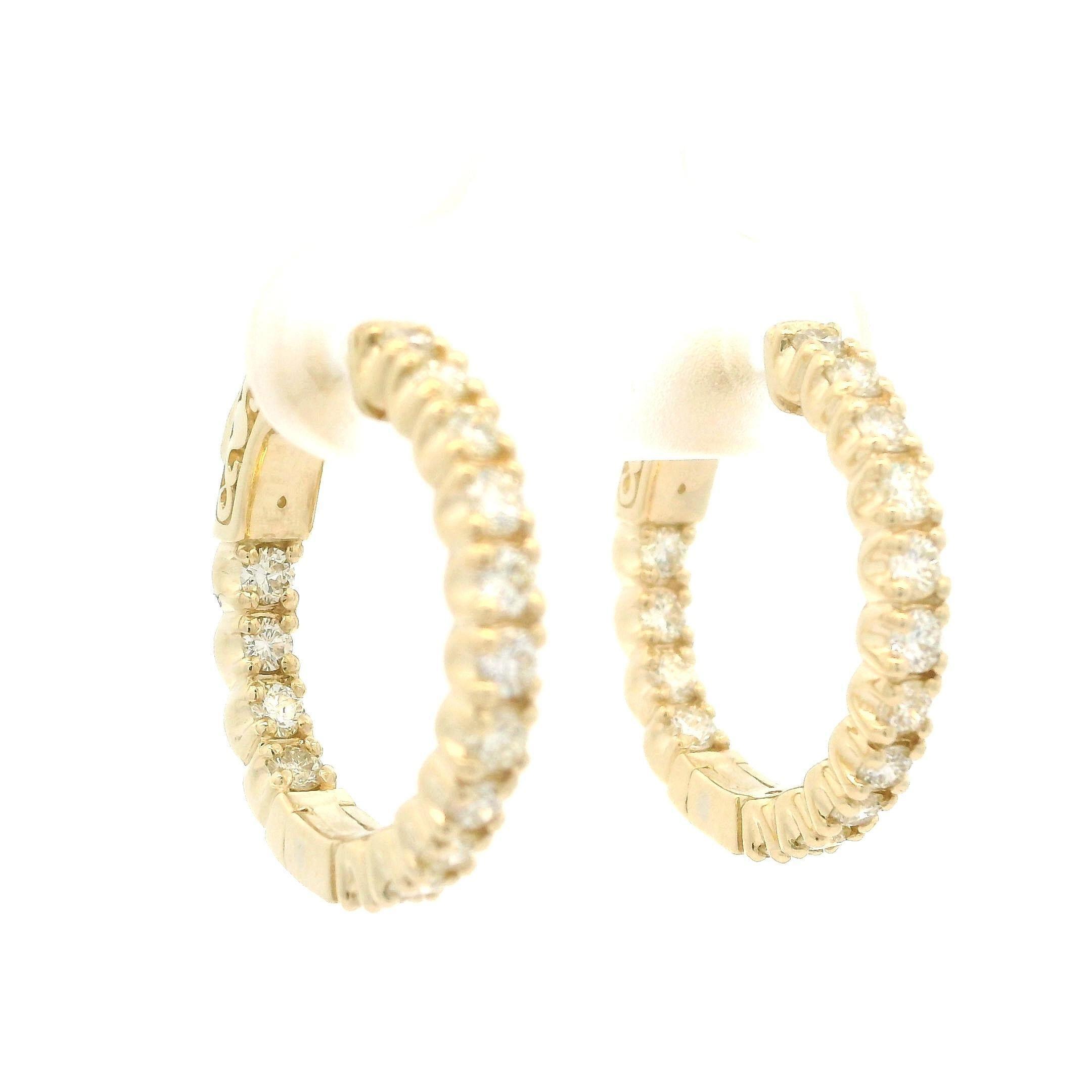 New 14k Gold 1.17ctw Diamond In Out Fancy Medium Hoop Earrings w/ Push Clasp For Sale 3