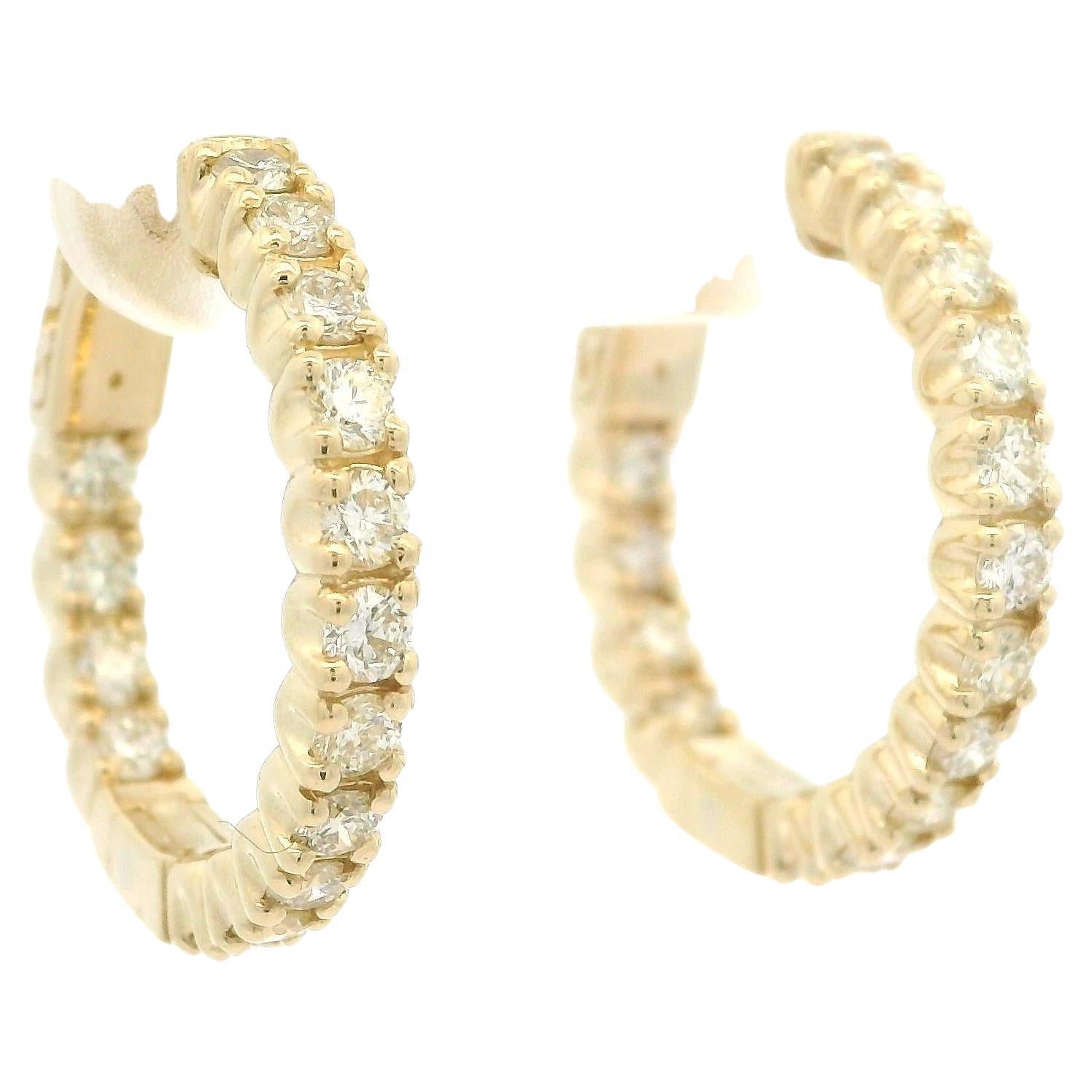 New 14k Gold 1.17ctw Diamond In Out Fancy Medium Hoop Earrings w/ Push Clasp For Sale