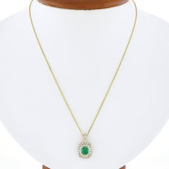 New 14k Gold 1.36ctw Gia Colombian Emerald & Dual Diamond Halo Pendant Necklace