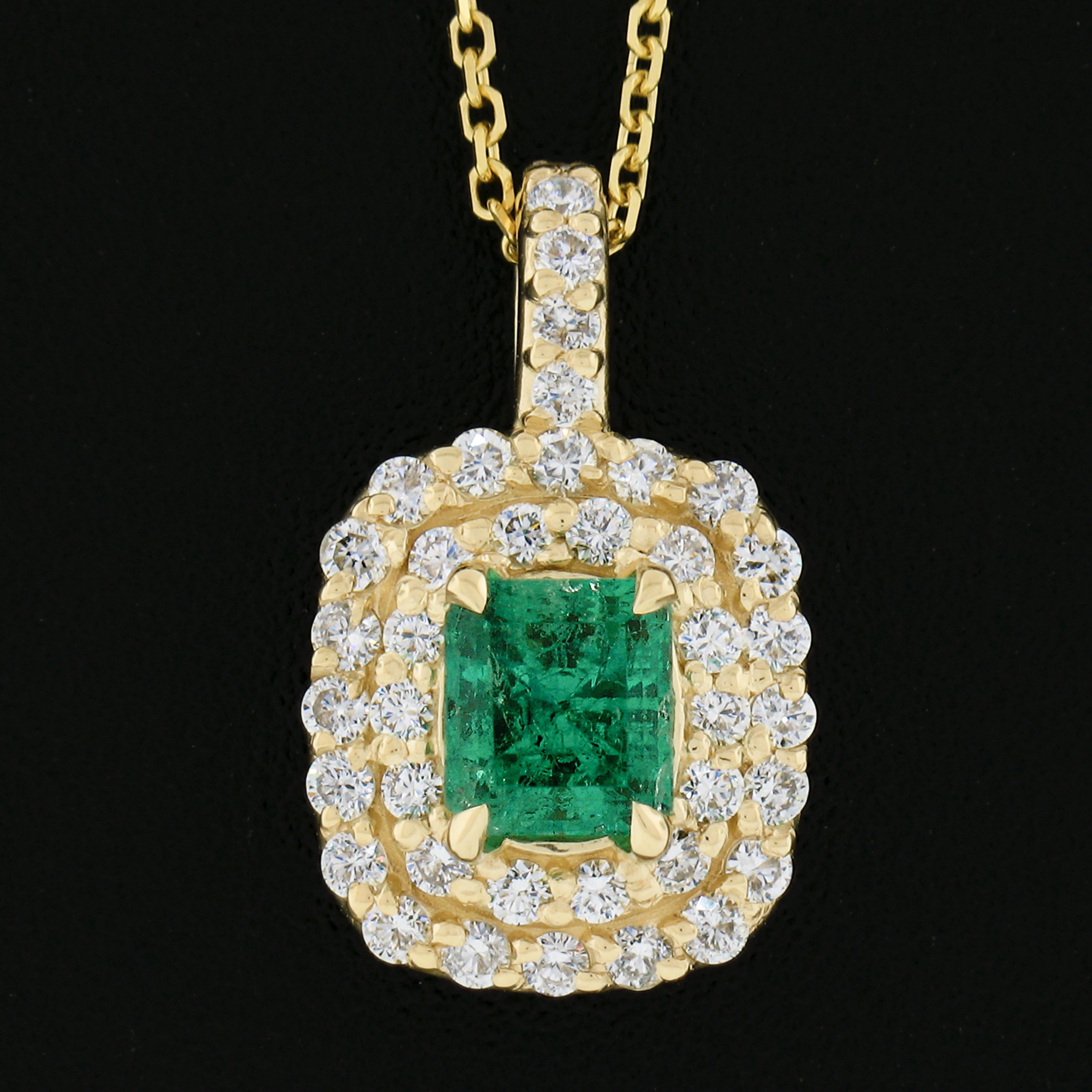 Emerald Cut New 14k Gold 1.36ctw Gia Colombian Emerald & Dual Diamond Halo Pendant Necklace For Sale