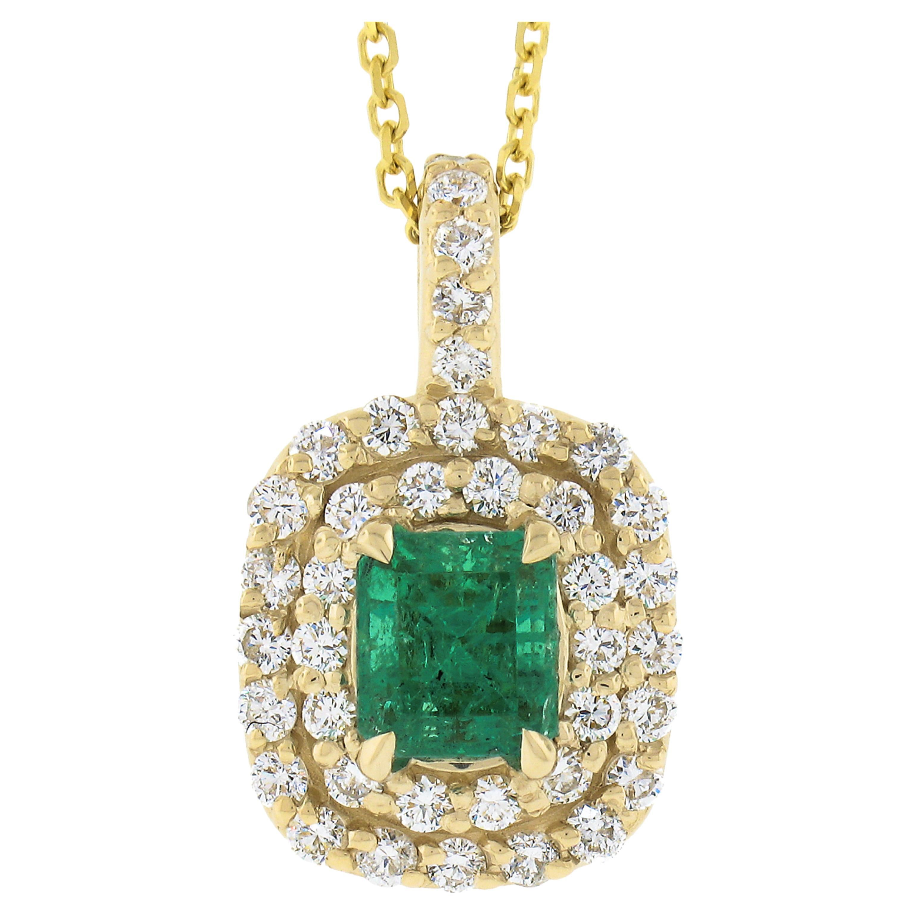 New 14k Gold 1.36ctw Gia Colombian Emerald & Dual Diamond Halo Pendant Necklace For Sale
