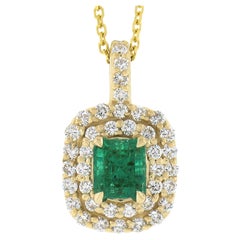 New 14k Gold 1.36ctw Gia Colombian Emerald & Dual Diamond Halo Pendant Necklace