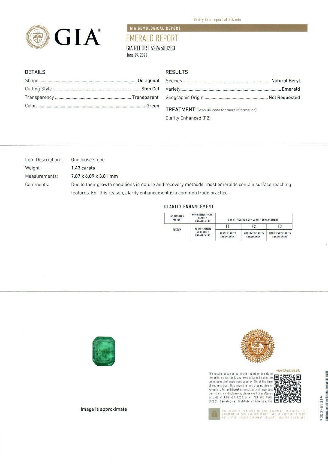 Neuer 14k Gold 1,43 Karat GIA achteckiger Zackengrüner Smaragd Solitär Verlobungsring im Angebot 6