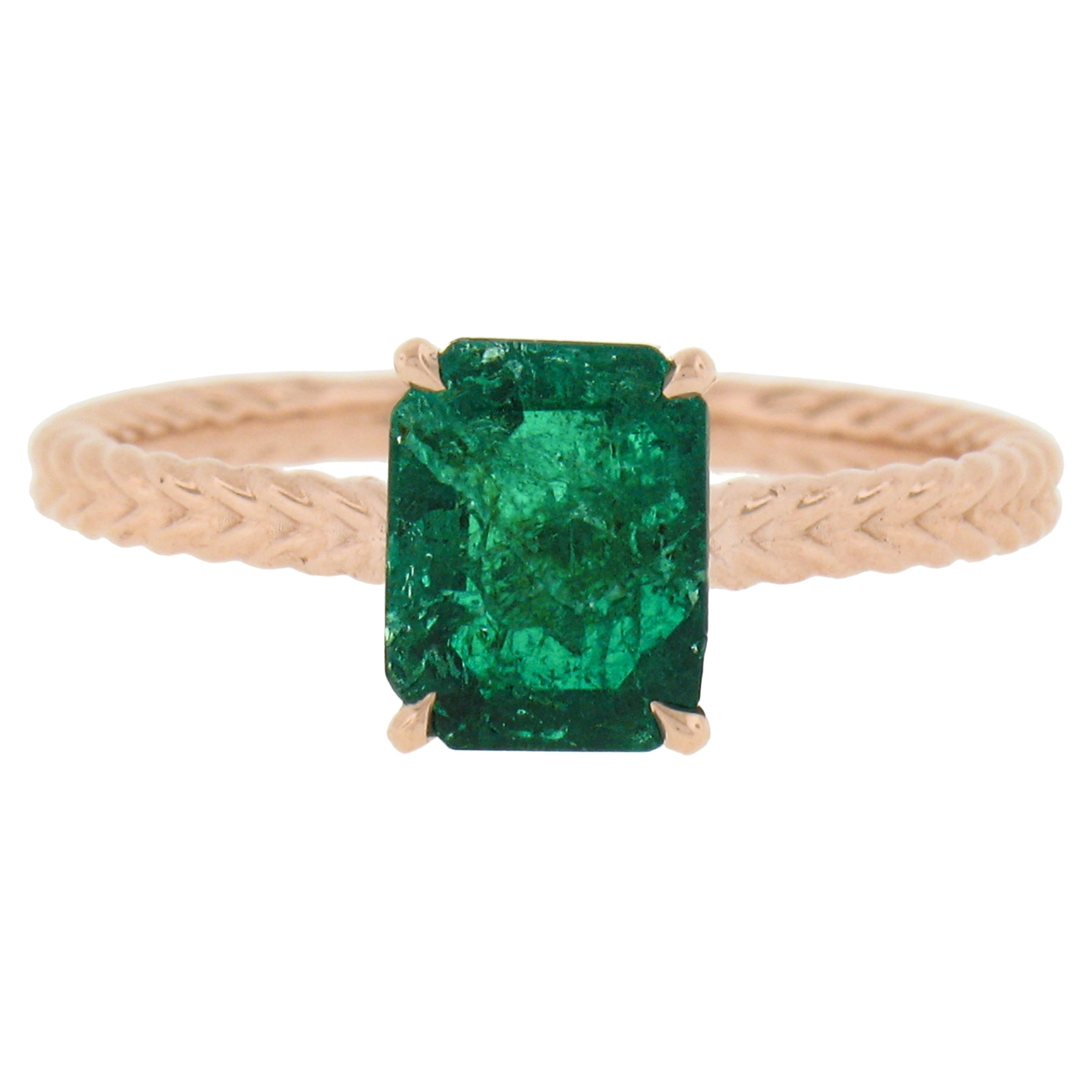 New 14k Gold 1.43ctw GIA Octagonal Prong Green Emerald Solitaire Engagement Ring