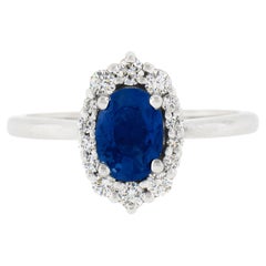 New 14k Gold 1.58ct GIA No Heat Oval Prong Sapphire Diamond Halo Engagement Ring