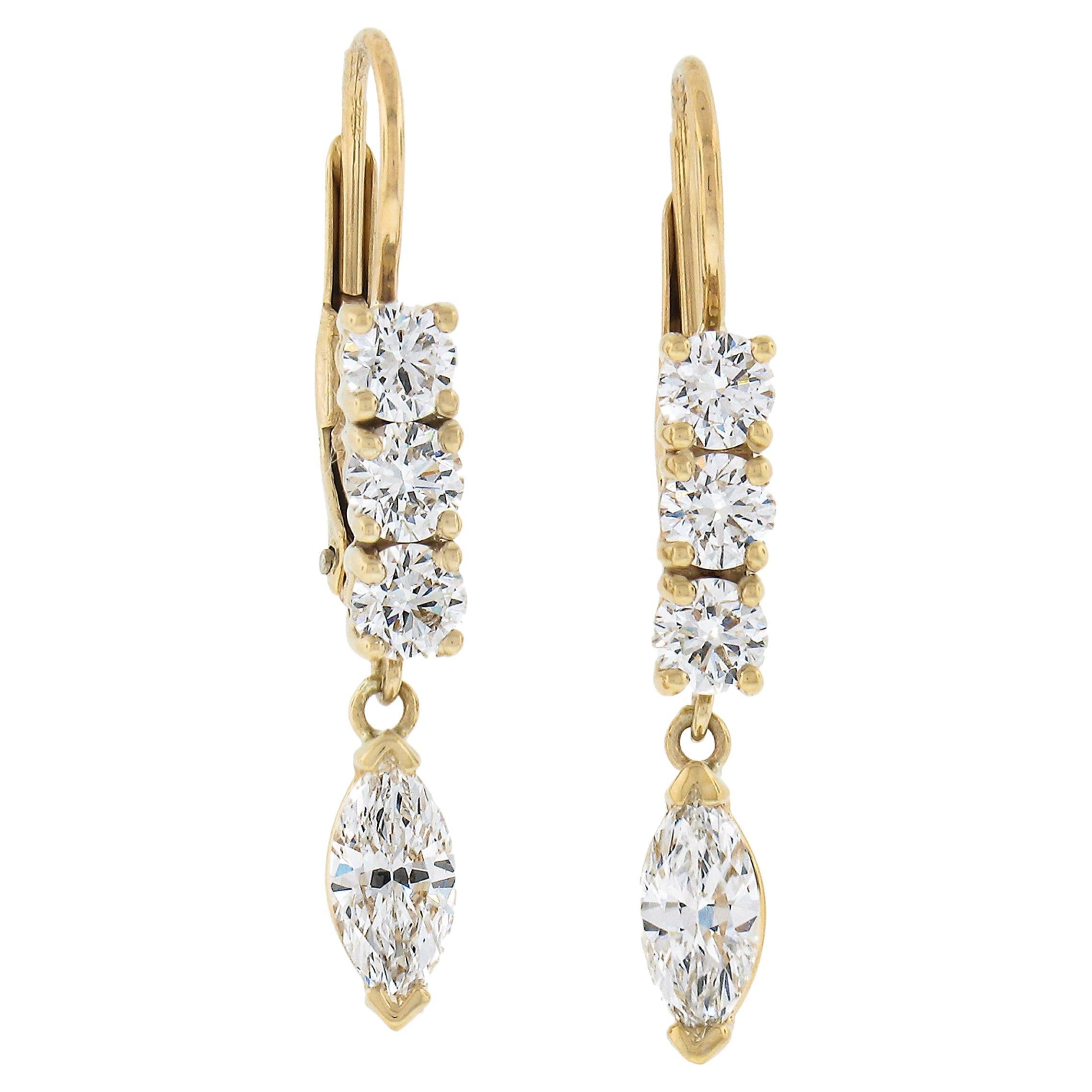 New 14K Gold 1.61ctw Round & Marquise Diamond Leverback Drop Dangle Earrings