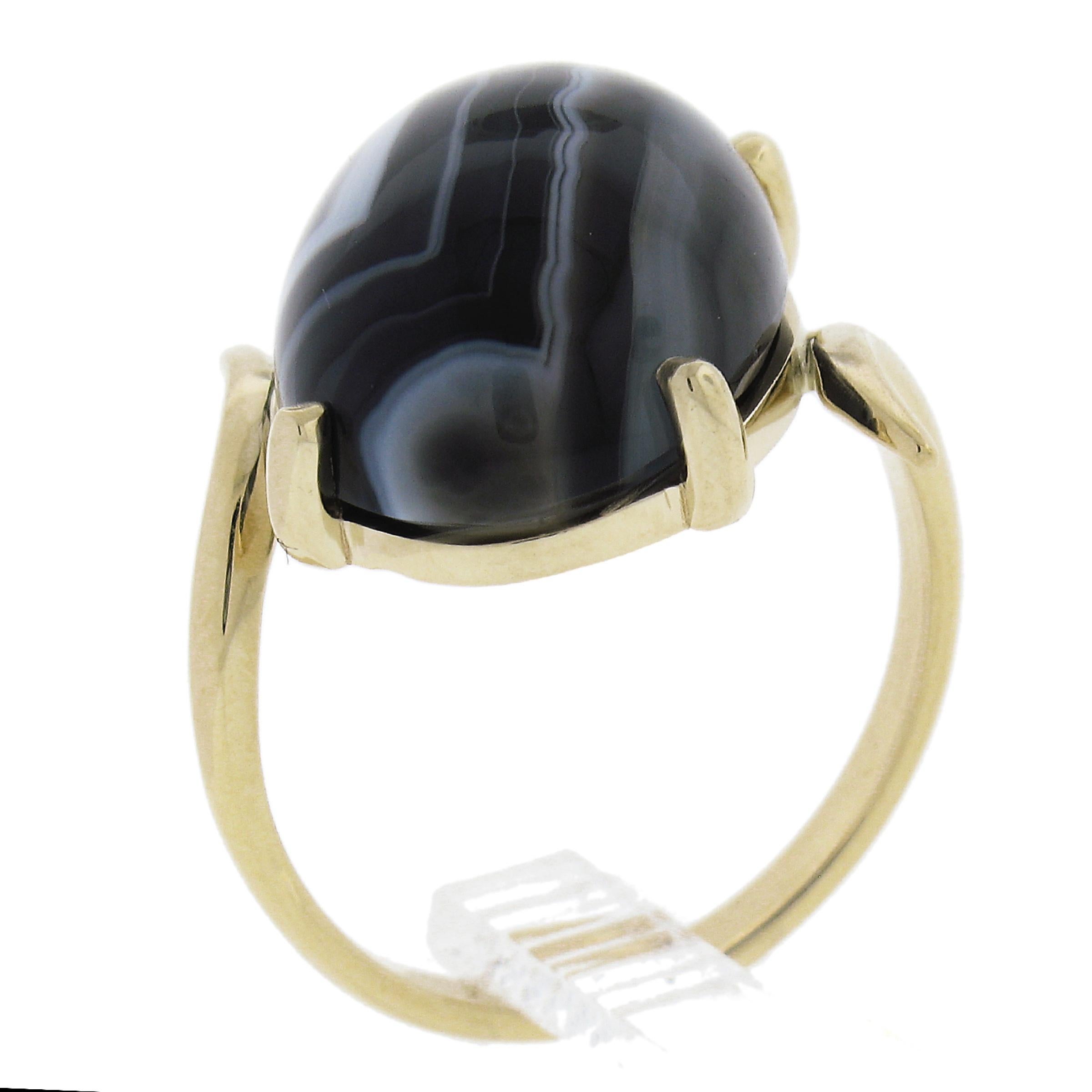 New 14k Gold 18.2x13mm Oval Cabochon Black & White Banded Agate Solitaire Ring For Sale 5