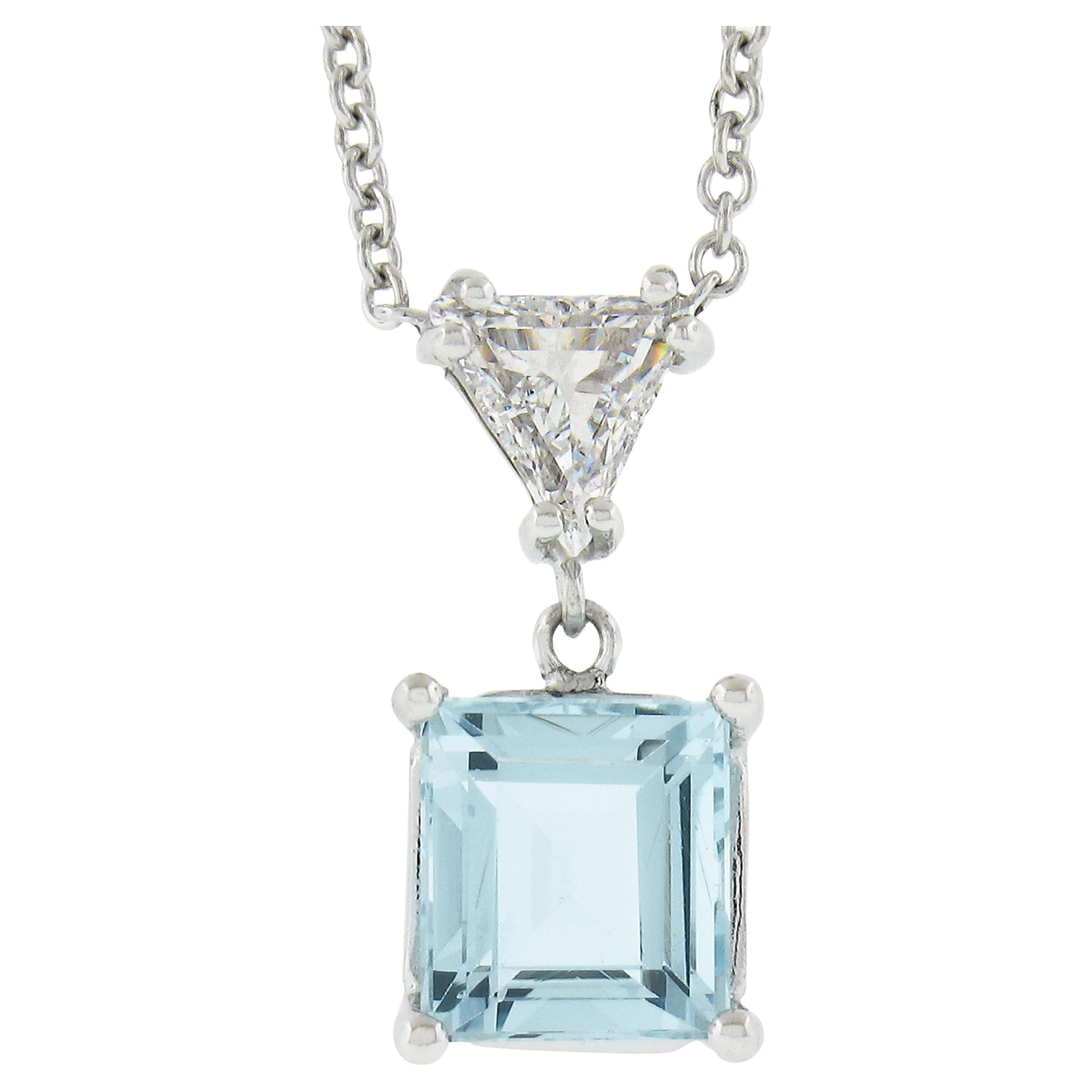 New 14k Gold 1.86ct Square Step Aquamarine & Diamonds Pendant & Adjustable Chain For Sale