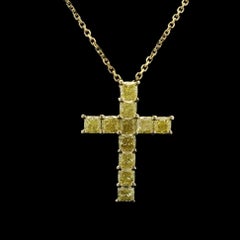 New 14k Gold 1.86ctw Radiant Cut Fancy Yellow Diamond Cross Pendant Necklace