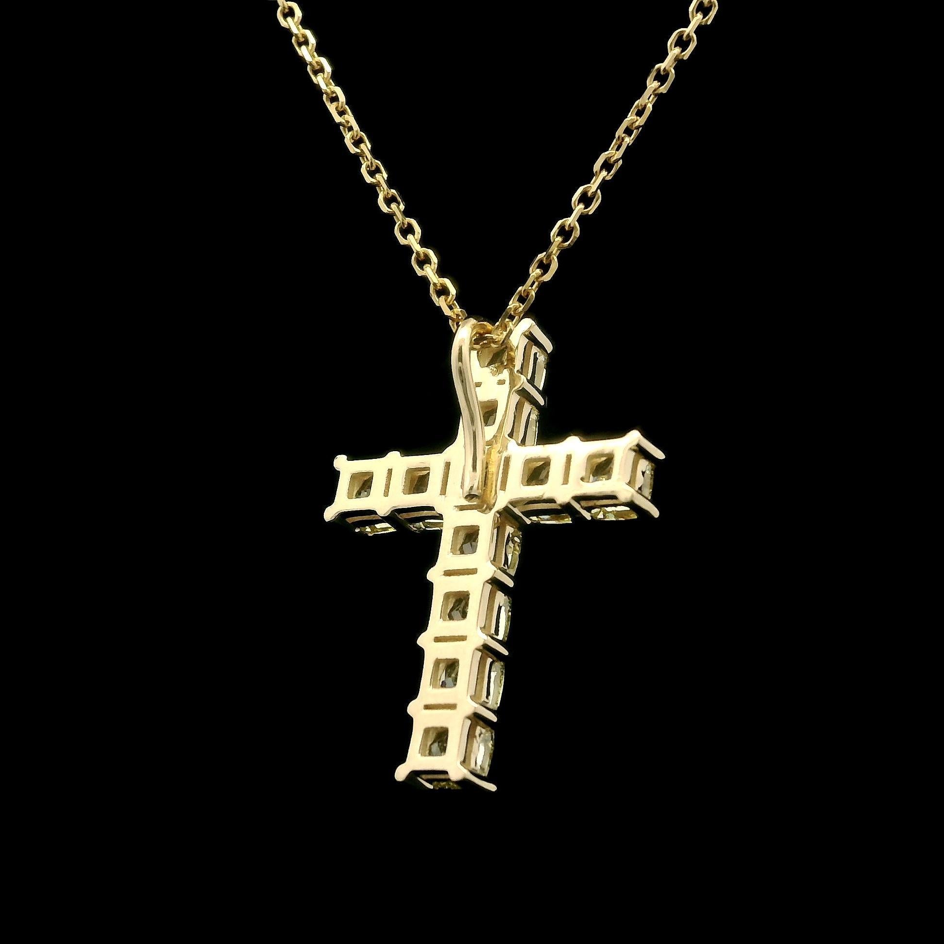 Women's New 14k Gold 1.86ctw Radiant Cut Fancy Yellow Diamond Cross Pendant Necklace For Sale