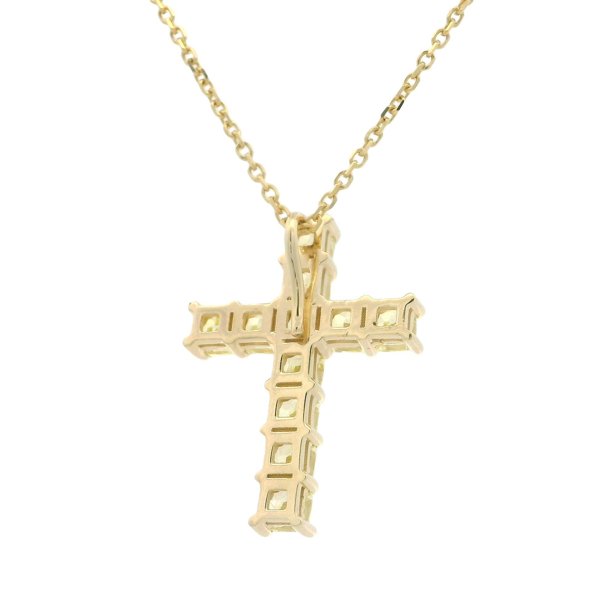 New 14k Gold 1.86ctw Radiant Cut Fancy Yellow Diamond Cross Pendant Necklace For Sale 1