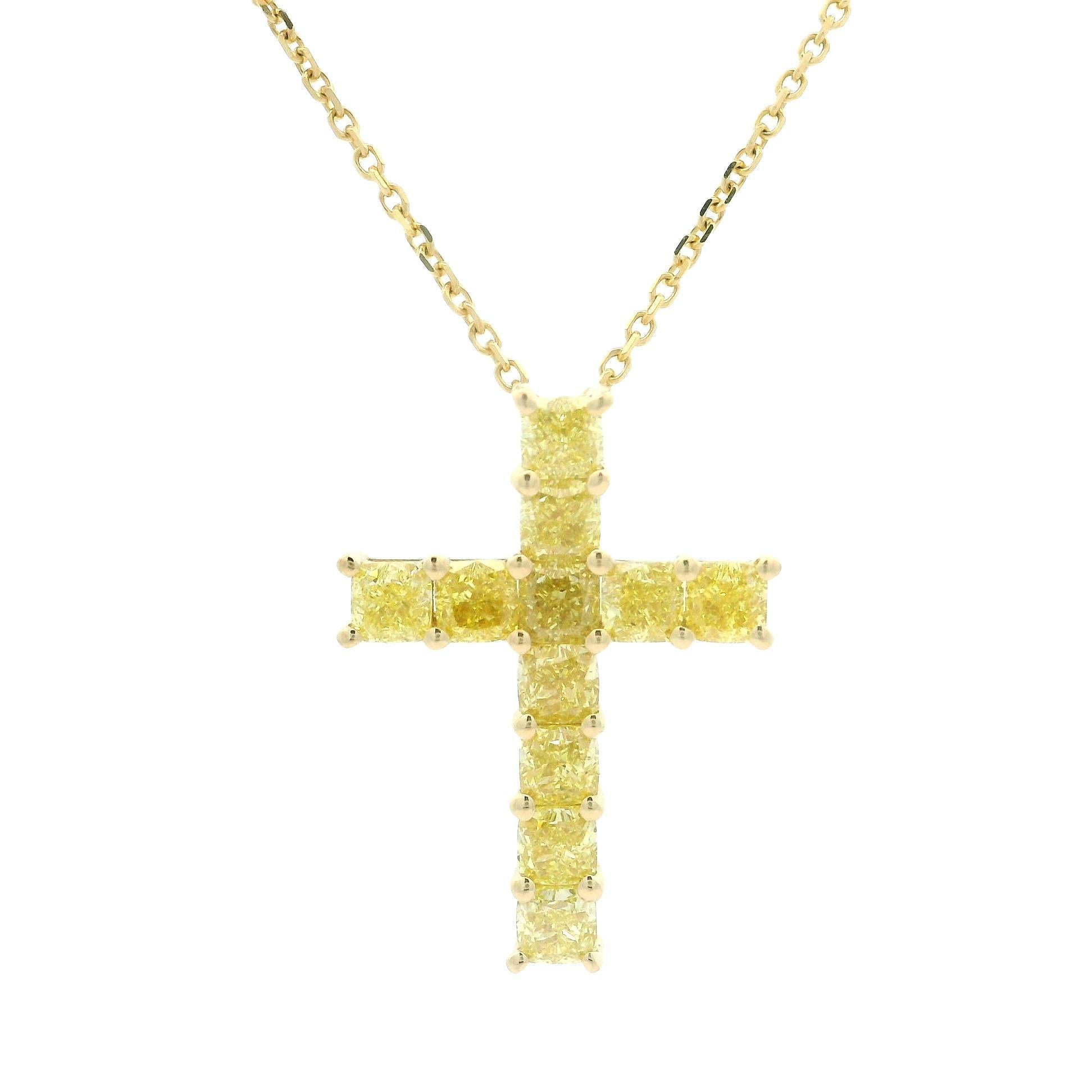 New 14k Gold 1.86ctw Radiant Cut Fancy Yellow Diamond Cross Pendant Necklace For Sale 3