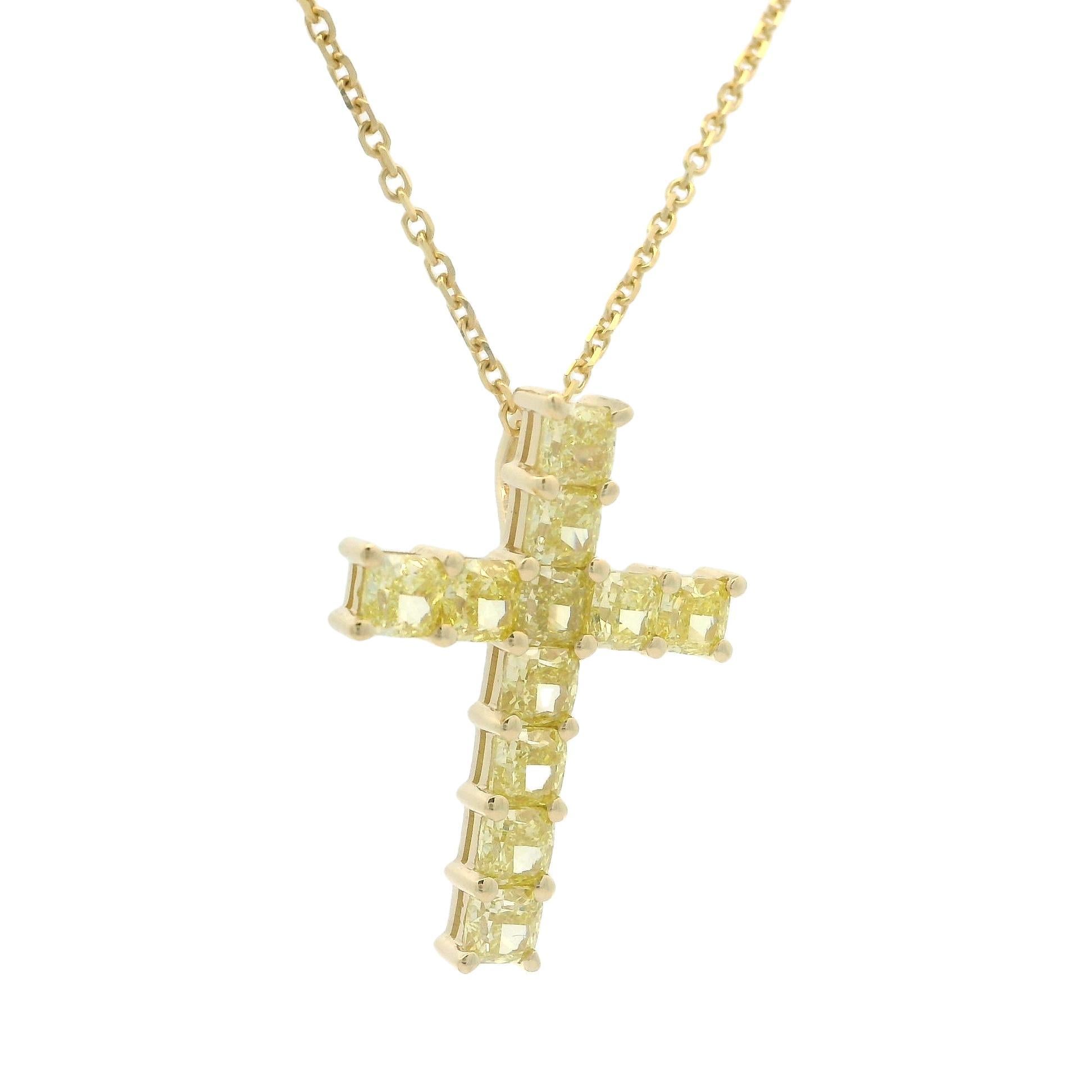New 14k Gold 1.86ctw Radiant Cut Fancy Yellow Diamond Cross Pendant Necklace For Sale 4