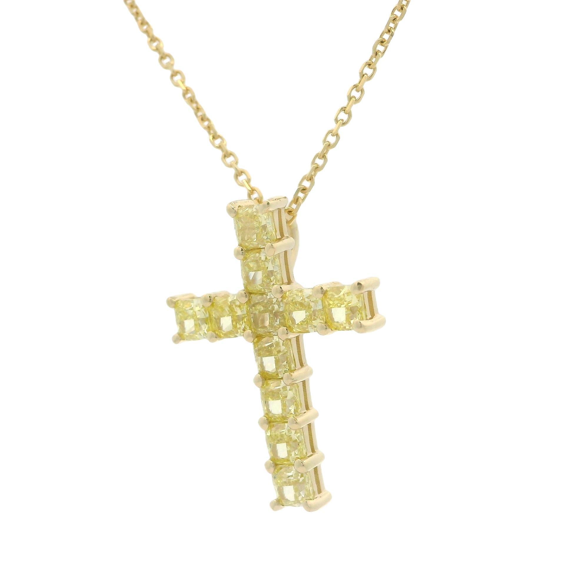 New 14k Gold 1.86ctw Radiant Cut Fancy Yellow Diamond Cross Pendant Necklace For Sale 5