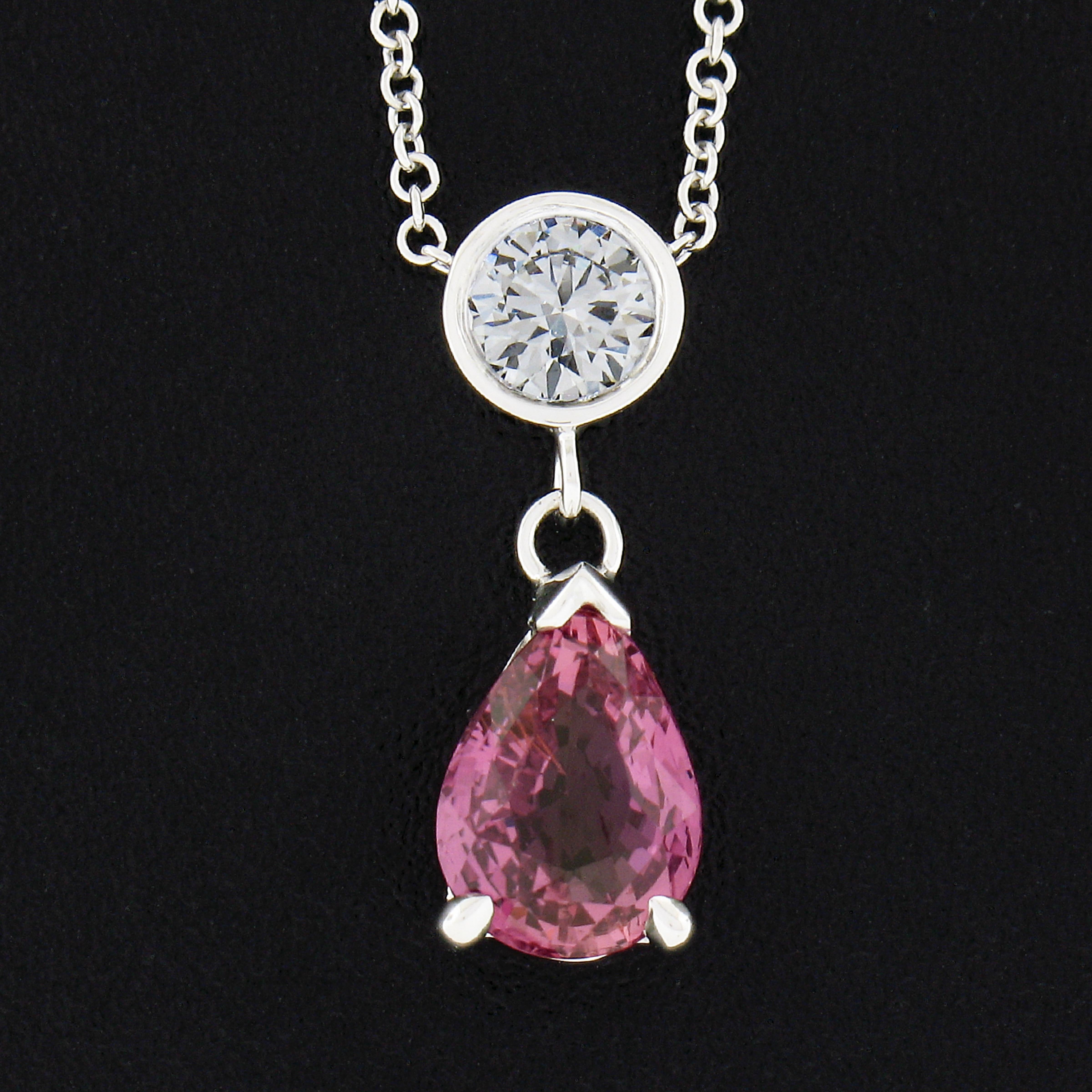 Pear Cut New 14k Gold 1.99ctw Pear Pink Sapphire & Round Diamond Dangle Pendant Necklace For Sale