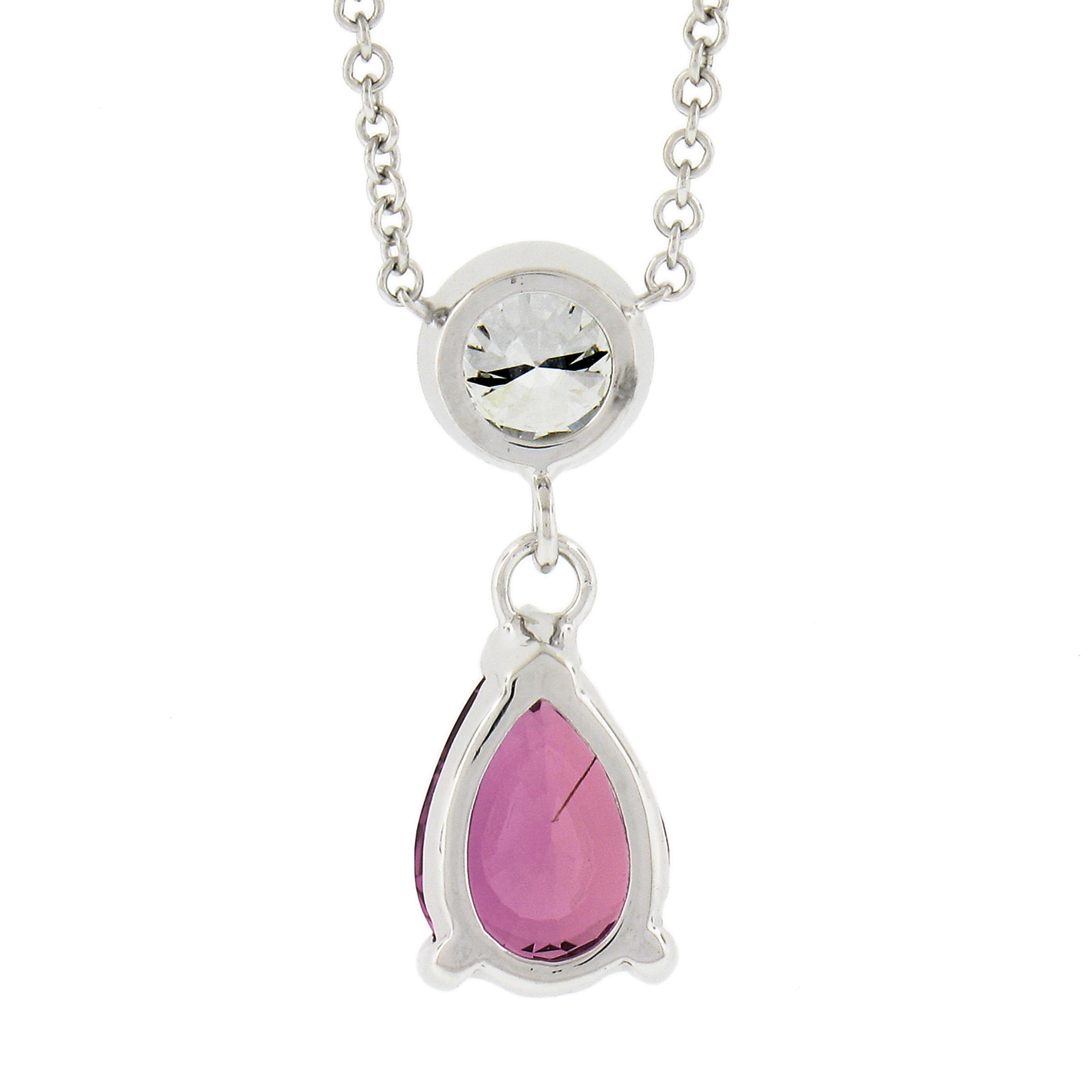 New 14k Gold 1.99ctw Pear Pink Sapphire & Round Diamond Dangle Pendant Necklace For Sale 1
