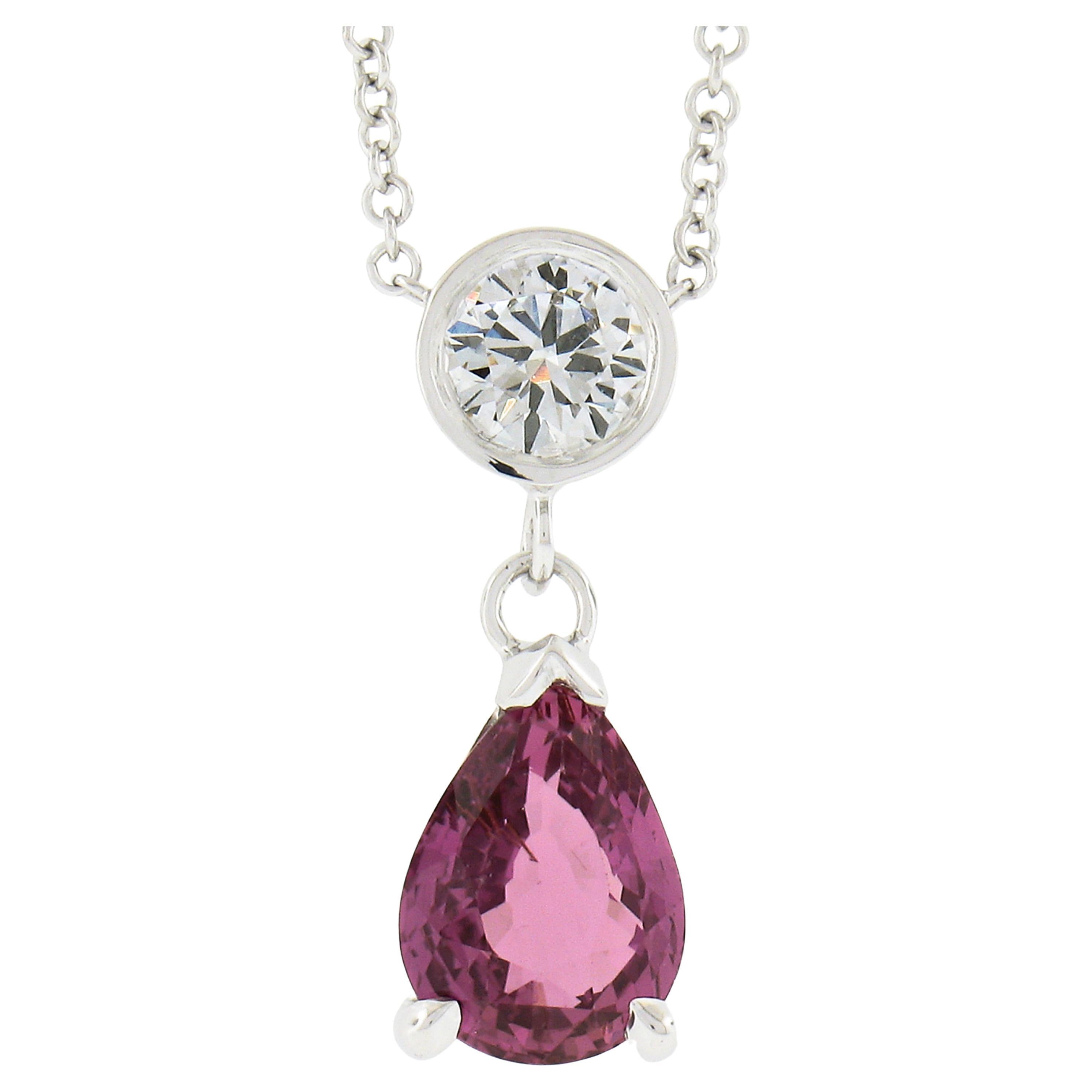New 14k Gold 1.99ctw Pear Pink Sapphire & Round Diamond Dangle Pendant Necklace For Sale