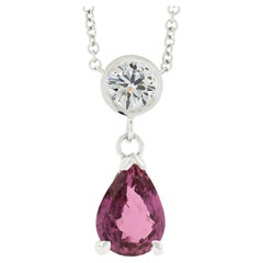 New 14k Gold 1.99ctw Pear Pink Sapphire & Round Diamond Dangle Pendant Necklace