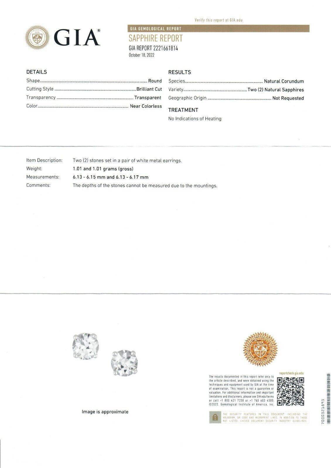 NEW 14k Gold 2.21ctw GIA Round NO HEAT White Sapphire Prong Set Stud Earrings For Sale 2