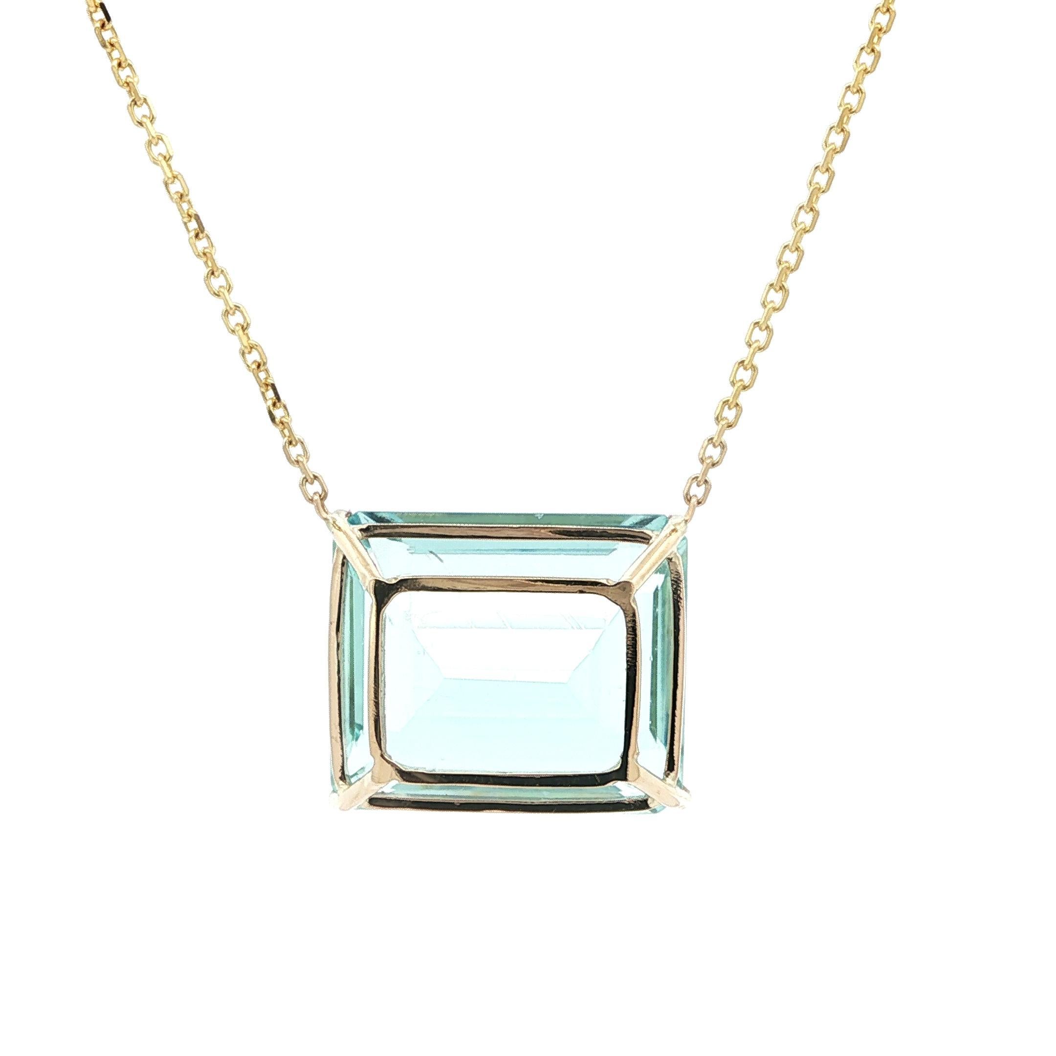 Nuevo Collar Colgante Solitario 23ct Oro 14k Corte Esmeralda Aguamarina Azul Sideway en venta 1