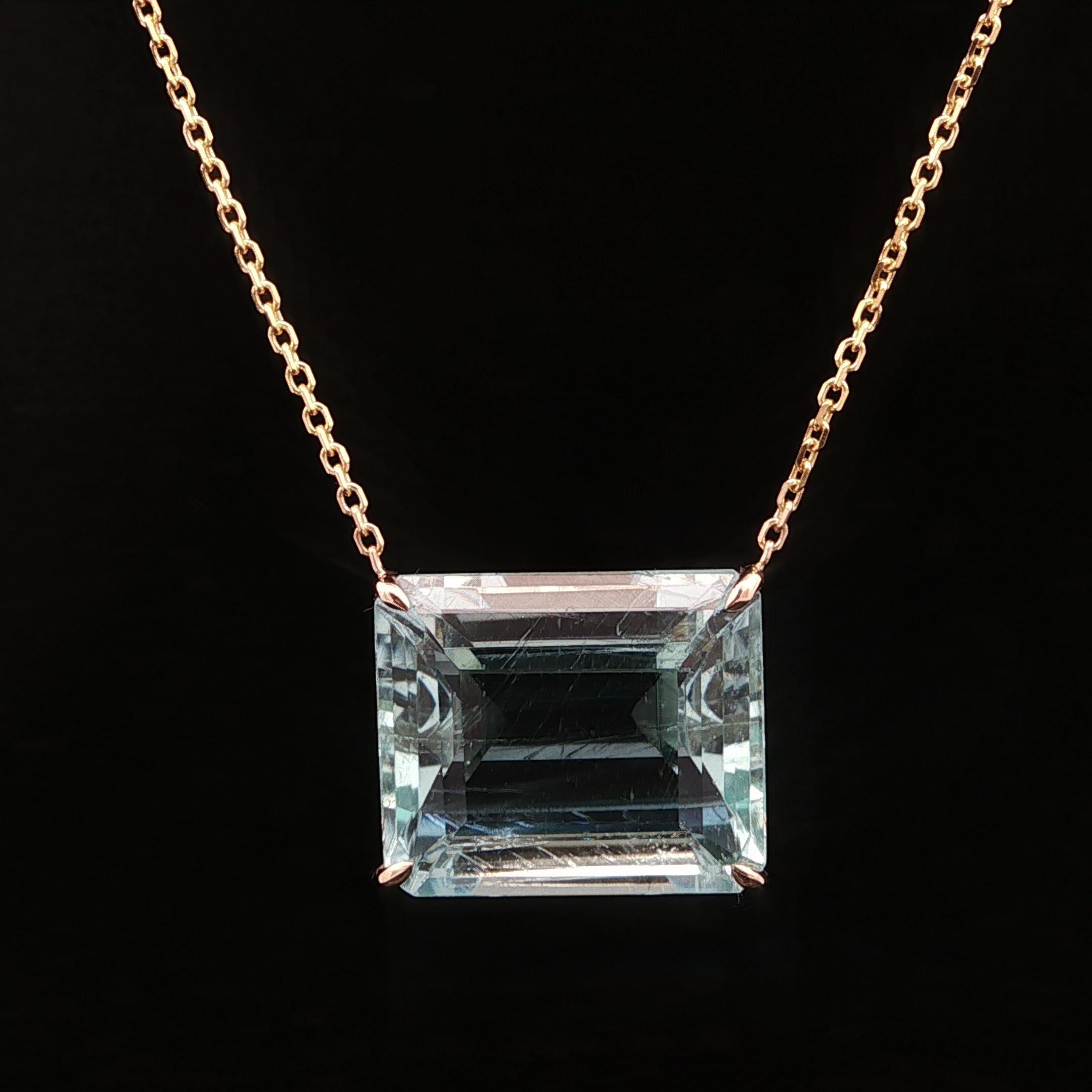 Nuevo Collar Colgante Solitario 23ct Oro 14k Corte Esmeralda Aguamarina Azul Sideway en venta 3