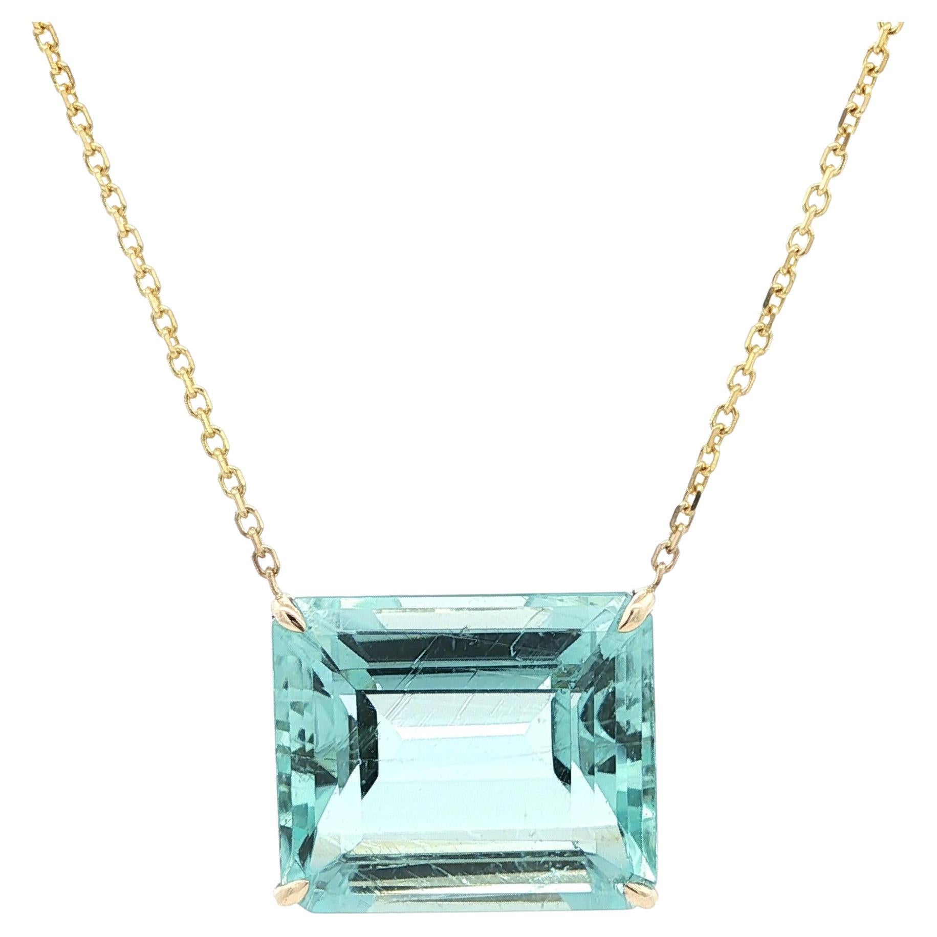 Nuevo Collar Colgante Solitario 23ct Oro 14k Corte Esmeralda Aguamarina Azul Sideway