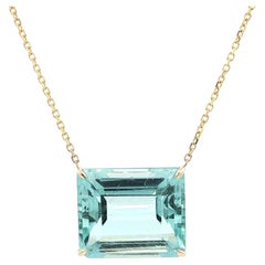 New 14k Gold 23ct Emerald Cut Blue Aquamarine Sideway Solitaire Pendant Necklace