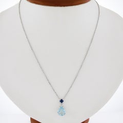 New 14k Gold 2.44ctw Pear Aquamarine & Sapphire Pendant & Adjustable Cable Chain