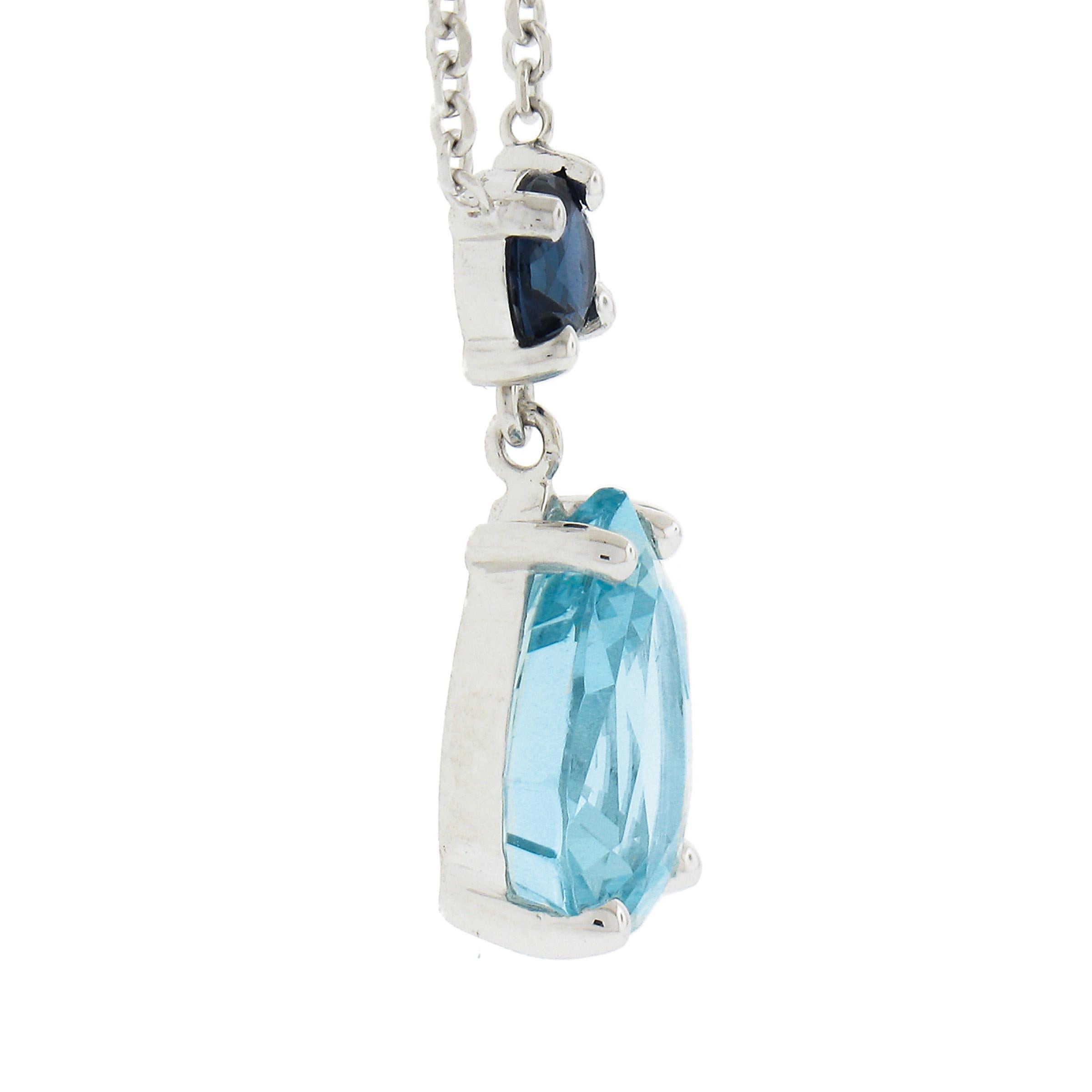Pear Cut New 14k Gold 2.44ctw Pear Aquamarine & Sapphire Pendant & Adjustable Cable Chain For Sale