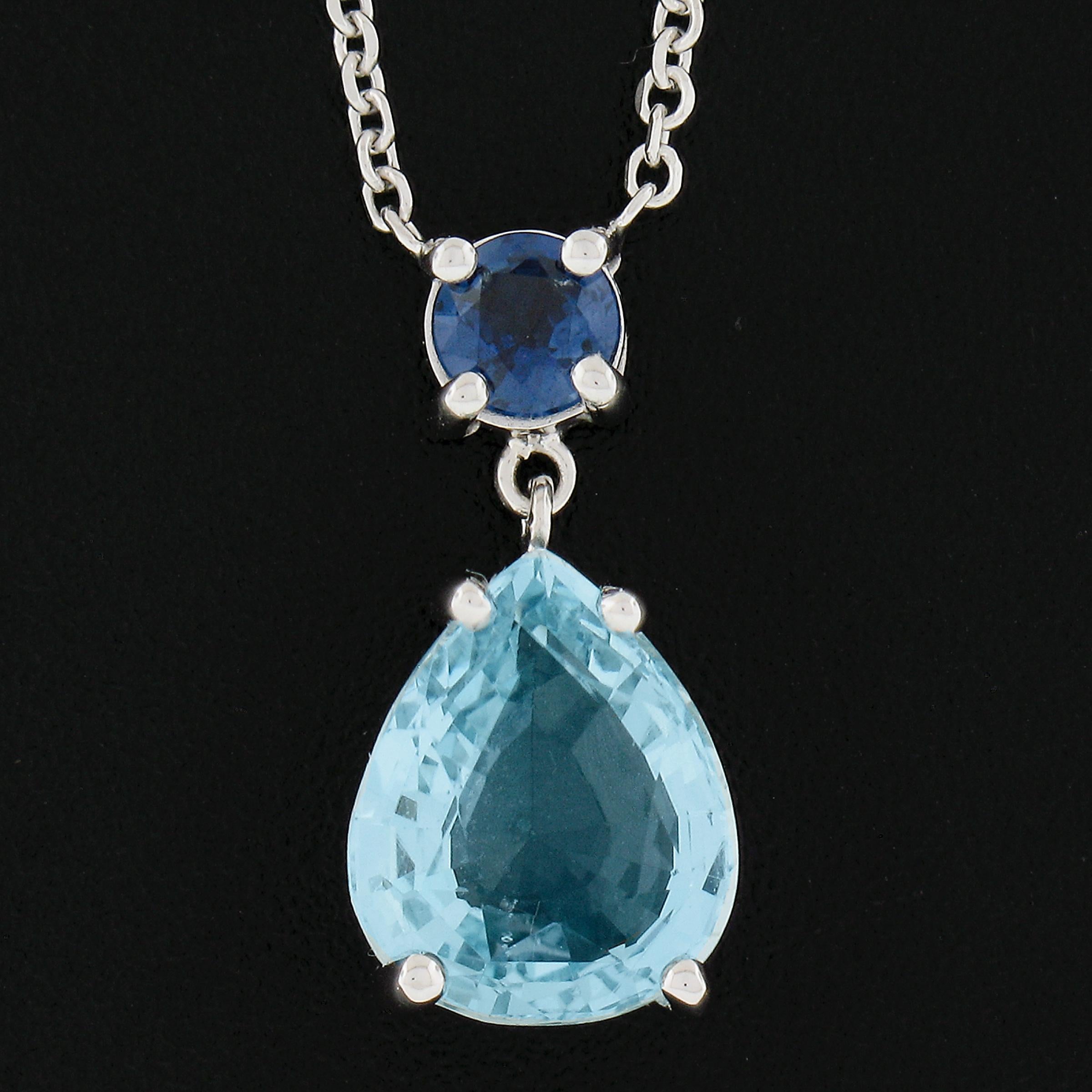Women's New 14k Gold 2.44ctw Pear Aquamarine & Sapphire Pendant & Adjustable Cable Chain For Sale