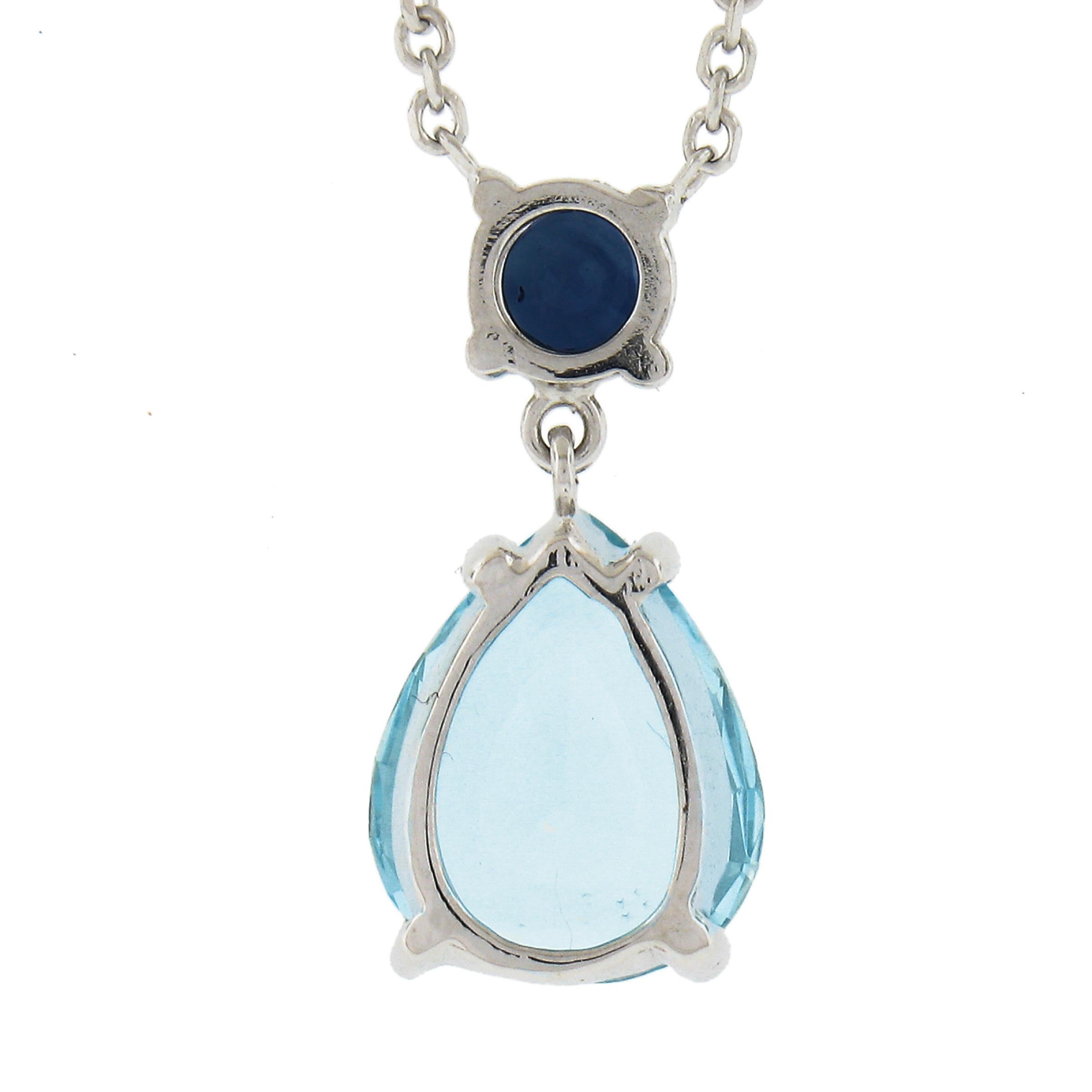 New 14k Gold 2.44ctw Pear Aquamarine & Sapphire Pendant & Adjustable Cable Chain For Sale 1