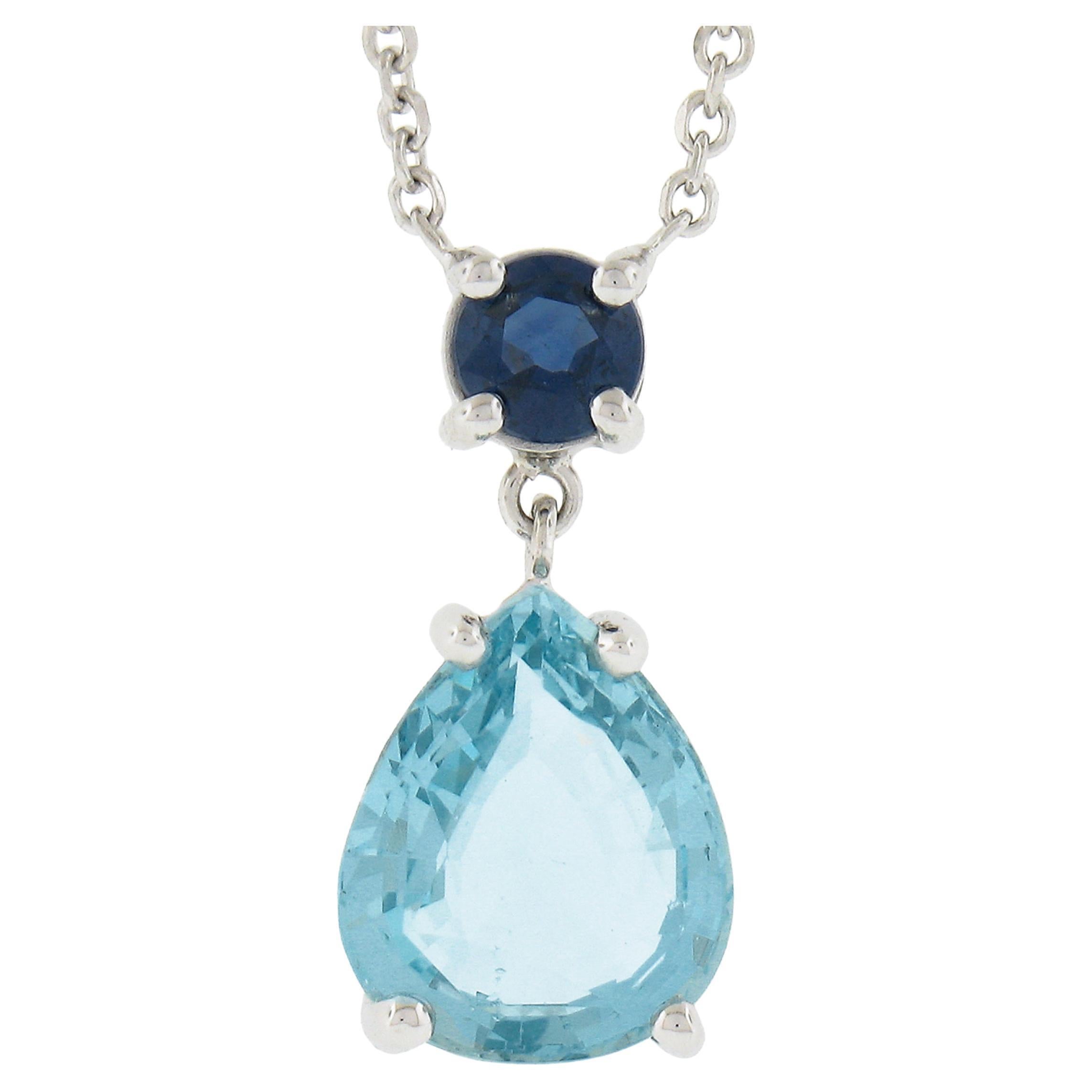 New 14k Gold 2.44ctw Pear Aquamarine & Sapphire Pendant & Adjustable Cable Chain For Sale