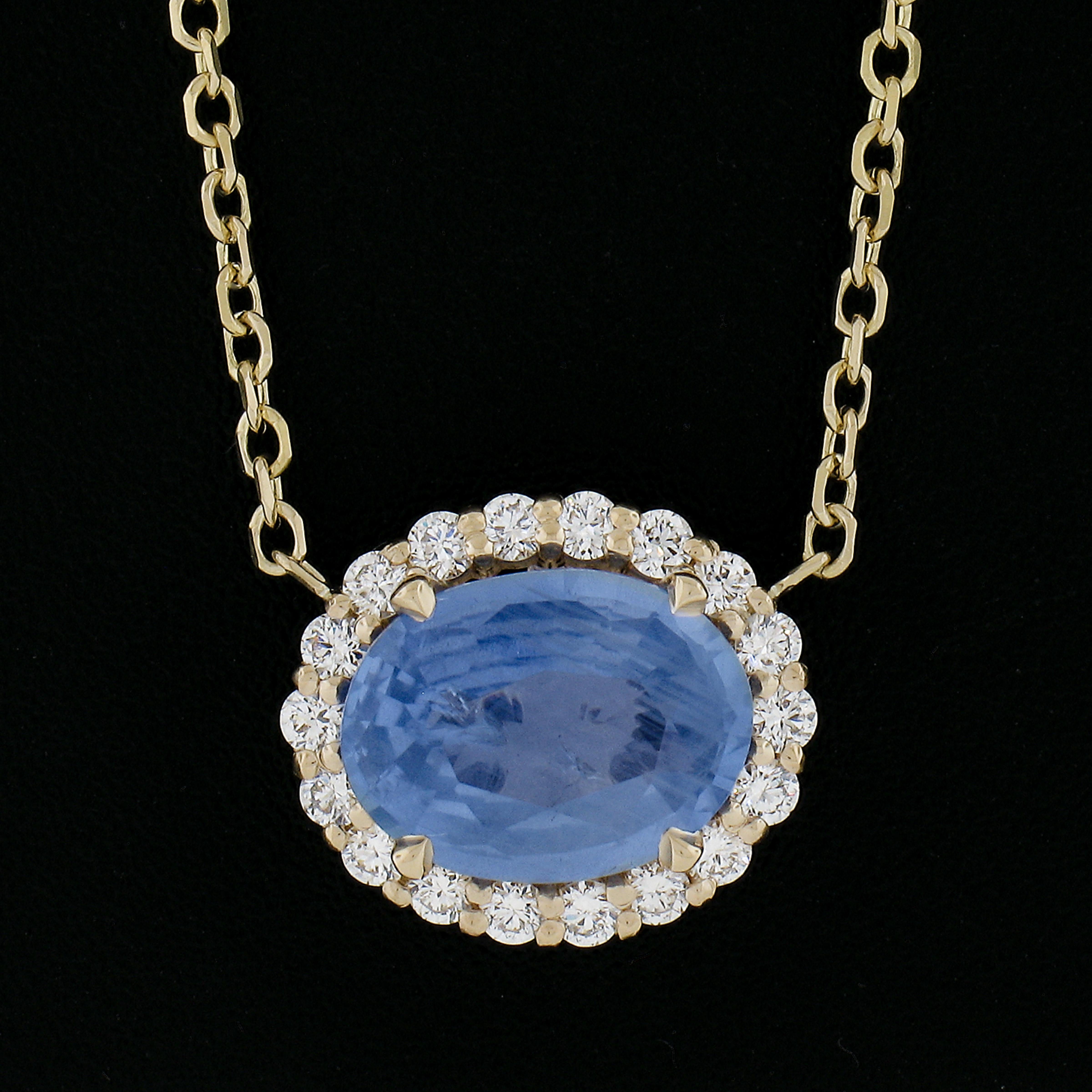 Oval Cut NEW 14k Gold 3.34ctw GIA Oval Blue Sapphire Diamond Halo Pendant Necklace For Sale