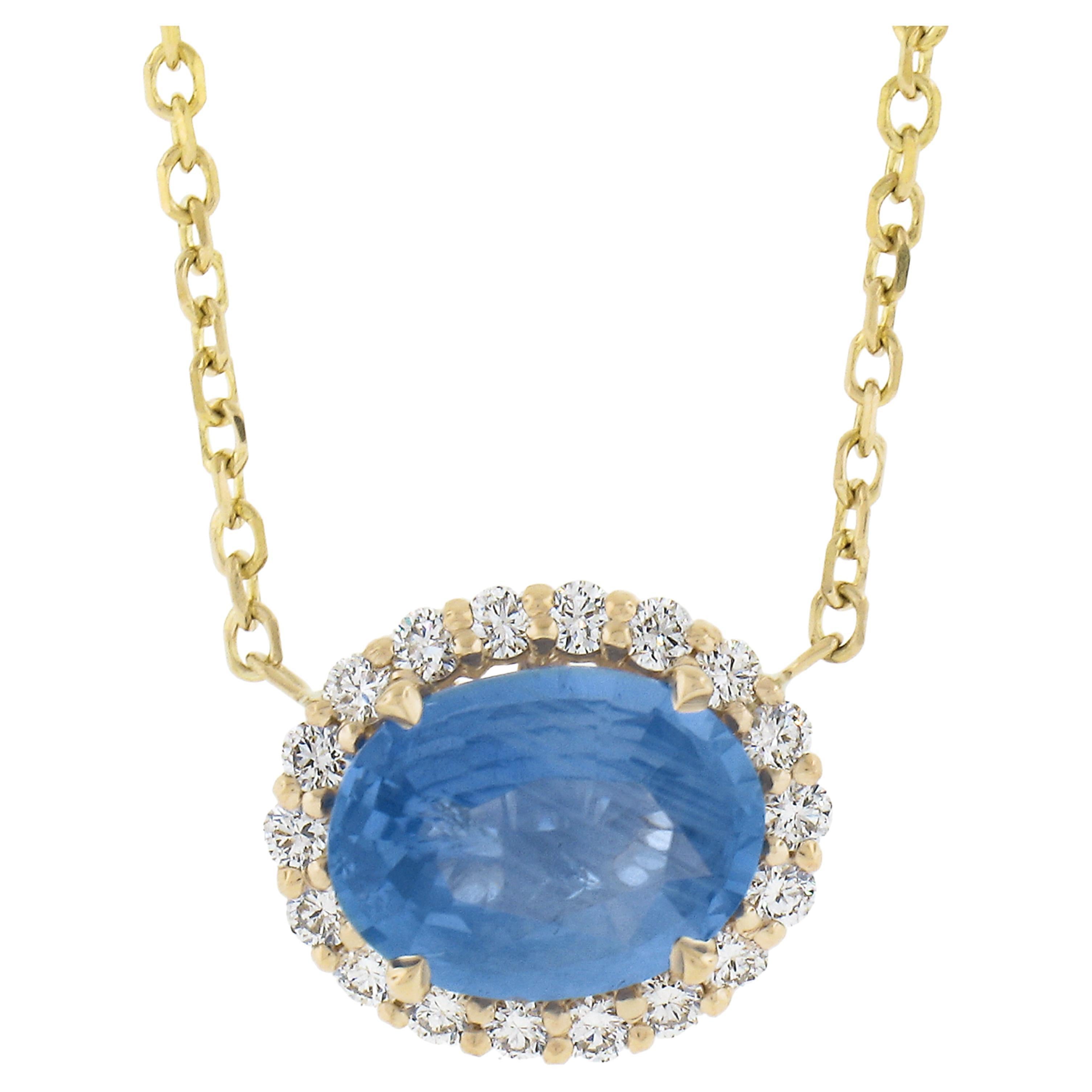 NEW 14k Gold 3.34ctw GIA Oval Blue Sapphire Diamond Halo Pendant Necklace For Sale